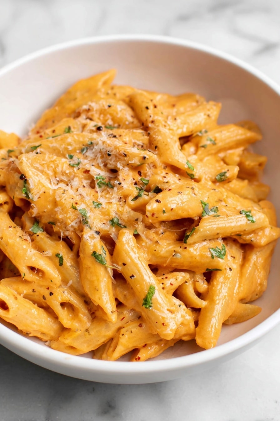 Creamy Tomato Pasta Recipe 8 A white bowl filled with penne pasta coated in a creamy orange sauce, with small green herb pieces sprinkled throughout. The pasta has a smooth and slightly glossy texture, with some grated cheese lightly covering the top, adding a delicate textured layer. The bowl sits on a white marbled surface, and the image is closely focused on the pasta, showing its rich, creamy sauce and slight specks of black pepper. Photo taken with an iphone --ar 2:3 --v 7 - Creamy Tomato Pasta, creamy tomato pasta recipe, easy tomato pasta, quick pasta dinner, comforting tomato pasta