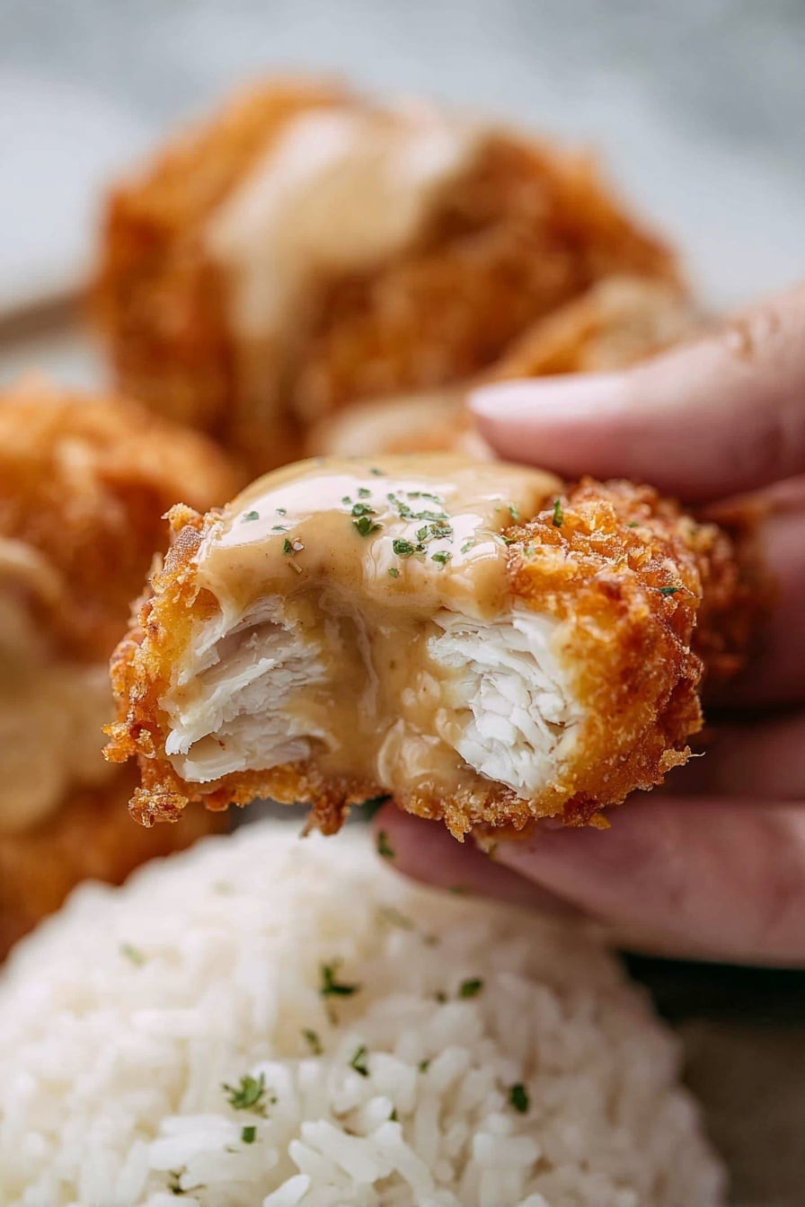 A close-up view of a woman's hand holding a piece of fried chicken nugget with a bite showing its white, tender inside and a crispy, golden-brown outside. The nugget is dipped in a creamy light brown sauce with small green herb bits on top. In the blurred background, there is a mound of plain white rice on a white plate set on a white marbled surface. photo taken with an iphone --ar 2:3 --v 7 - Bang Bang Chicken with Spicy Sauce, crispy chicken with spicy sauce, easy spicy chicken recipe, homemade Bang Bang Chicken, flavorful chicken dishes