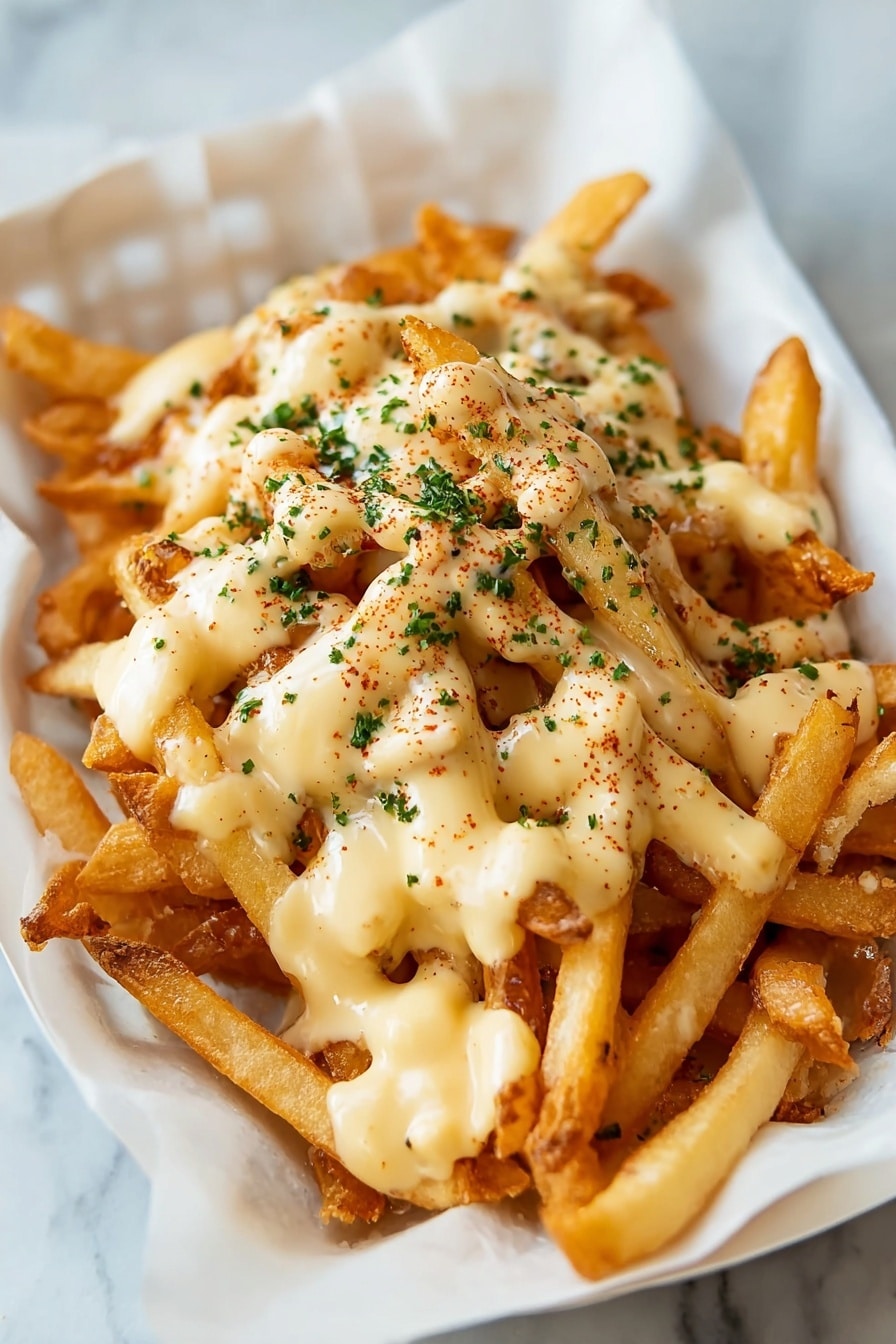Voodoo Cheese Fries Recipe 6 A white rectangular basket lined with white parchment paper holds a pile of golden-brown French fries. The fries have a crispy texture and are generously covered with creamy pale yellow cheese sauce, which drapes unevenly over the fries. Small flecks of green herbs and a sprinkling of reddish seasoning are scattered evenly on top, adding color contrast. The basket sits on a white marbled surface. photo taken with an iphone --ar 2:3 --v 7 - Voodoo Cheese Fries, cheesy loaded fries, spicy cheese fries, crispy cheese fries, game day snack