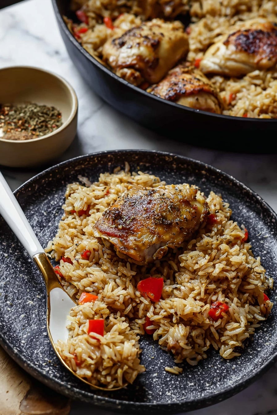 Jerk Chicken and Rice Recipe 6 The image shows a close-up of a dark speckled plate holding a serving of cooked rice mixed with small pieces of red bell pepper, along with two browned pieces of chicken on top. The rice is a light brown color with a slightly oily texture, and the chicken has a crispy, golden-brown skin with visible seasoning and herbs. A white and gold spoon rests on the plate, scooping up some rice. In the background, there is a black pan filled with more rice and chicken, along with a small beige bowl containing a spice mix. The setting is on a white marbled surface, giving a clean and simple look. photo taken with an iphone --ar 2:3 --v 7 - Jerk Chicken and Rice, Caribbean jerk chicken, spicy jerk chicken recipe, one-pot jerk chicken and rice, flavorful Caribbean dinner