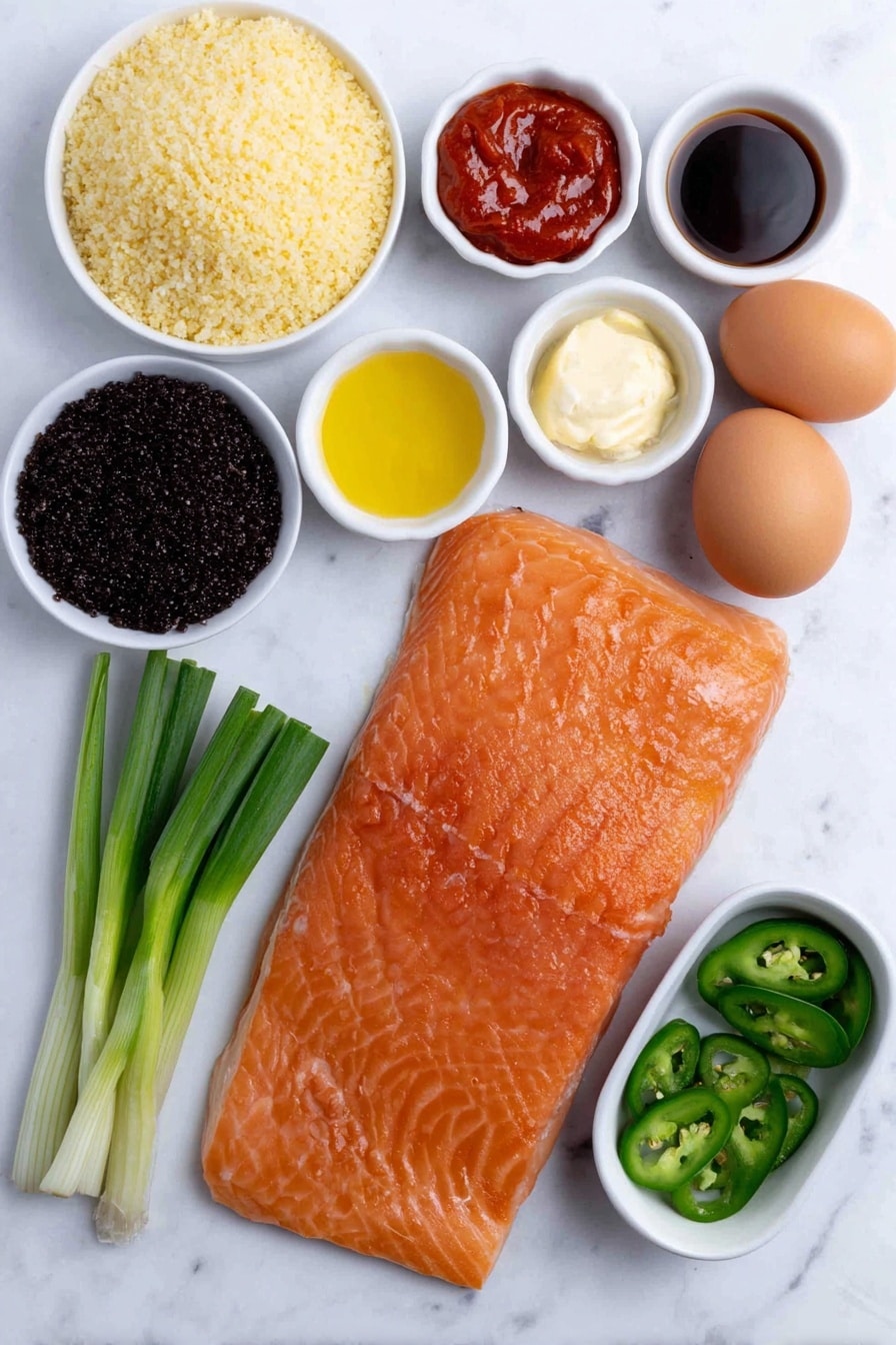 Spicy Salmon Sushi Bake Recipe 7 Flat lay of a fresh whole salmon fillet, a small mound of glossy short grain sushi rice, a small white bowl of translucent rice vinegar, a small white bowl of golden honey, a small white bowl of creamy mayonnaise, a small white bowl of bright red sriracha, a small white bowl of light amber sesame oil, a small white bowl of dark brown coconut aminos, a small white bowl of crushed garlic cloves, two whole uncracked brown eggs with clean shells, a few fresh bright green scallions, a few glossy deep green avocado slices, a few sliced fresh green jalapeños, a small white bowl of light tan sesame seeds, a small white bowl of crushed dark green seaweed snacks, a small white bowl of shiny dark eel sauce, placed on a clean white marble surface, soft natural light, photo taken with an iPhone, professional food photography style, fresh ingredients, white ceramic bowls, no bottles, no duplicates, no utensils, no packaging --ar 2:3 --v 7 --p m7354615311229779997 - Spicy Salmon Sushi Bake, sushi casserole, baked sushi recipe, salmon sushi bake, easy sushi dinner