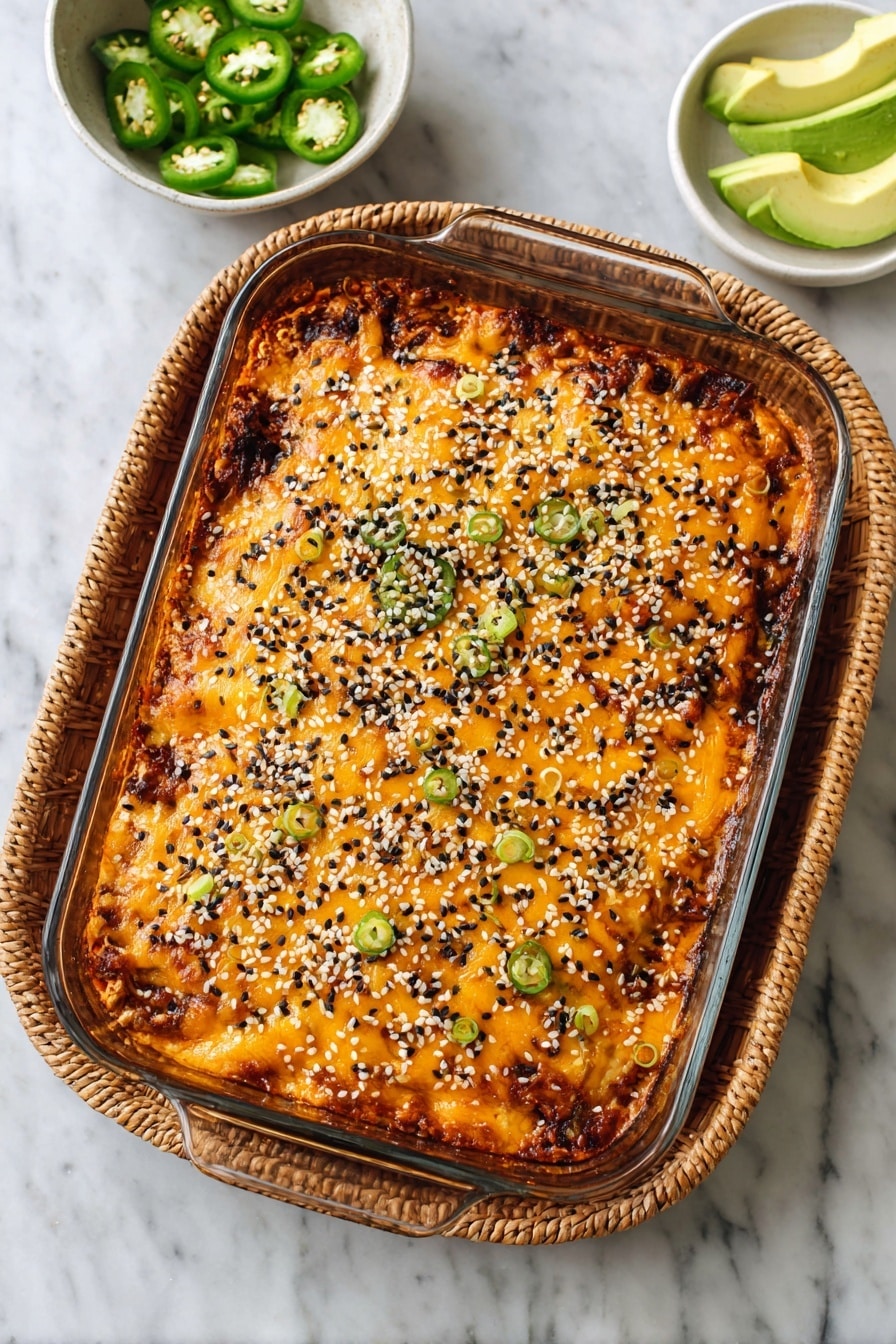 Spicy Salmon Sushi Bake Recipe 8 A glass baking dish filled with a baked dish that has a thick, golden-orange melted cheese layer on top, sprinkled with small black and white sesame seeds scattered evenly. The dish rests inside a woven basket tray, and in the upper right corner, there are two small white bowls; one has thin, bright green jalapeño slices and the other has sliced avocado with a smooth, pale green color. Everything is placed on a white marbled surface. Photo taken with an iphone --ar 2:3 --v 7 - Spicy Salmon Sushi Bake, sushi casserole, baked sushi recipe, salmon sushi bake, easy sushi dinner