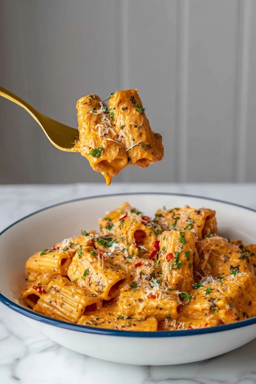 Creamy Garlic Tomato Pasta Recipe 6 A white bowl with a blue rim is filled with rigatoni pasta covered in a thick orange creamy sauce speckled with green herbs and bits of red pepper. The pasta looks soft and coated evenly, with a sprinkle of grated cheese and chopped parsley on top. A golden fork holds a small bunch of rigatoni covered in the creamy sauce above the bowl, showing the texture of the sauce and herbs clearly. The background is a simple white marbled surface and a plain grey wall. photo taken with an iphone --ar 2:3 --v 7 - Creamy Garlic Tomato Pasta, easy creamy pasta, garlic tomato pasta recipe, quick weeknight dinner, healthy pasta ideas