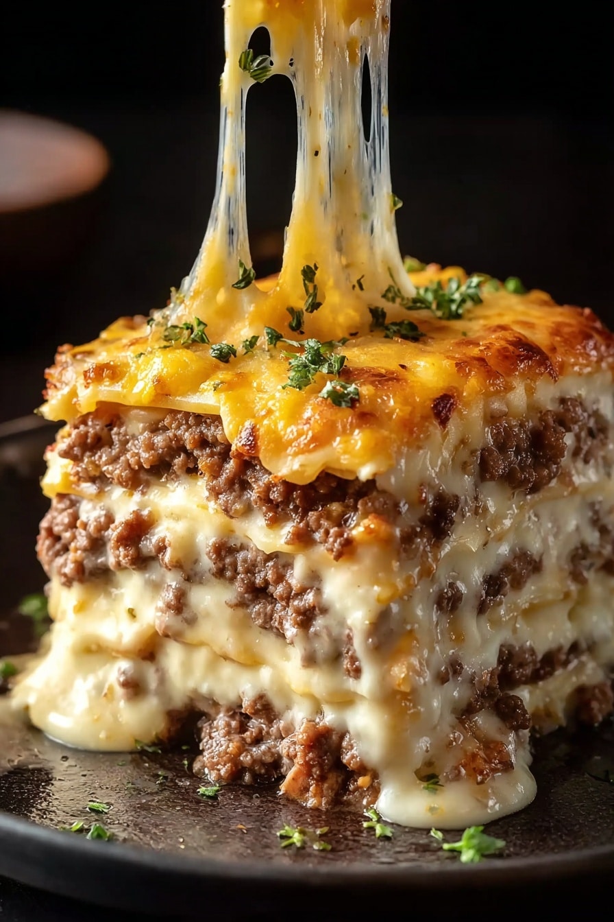 Beef Taco Casserole with Biscuit Topping Recipe 8 A thick square piece of lasagna with four visible layers sits on a dark plate against a black background. The bottom layer is creamy with melted cheese, followed by a layer of browned ground meat mixed with cheese. Above it is another creamy melted cheese layer mixed with meat, topped by a thick layer of melted yellow and white cheese that stretches in strings above the lasagna. Small green herb pieces are sprinkled on top, and some melted cheese drips down the sides, creating a rich and gooey appearance. photo taken with an iphone --ar 2:3 --v 7 - Beef Taco Casserole with Biscuit Topping, taco casserole, beef casserole recipes, easy taco casserole, cheesy beef bake