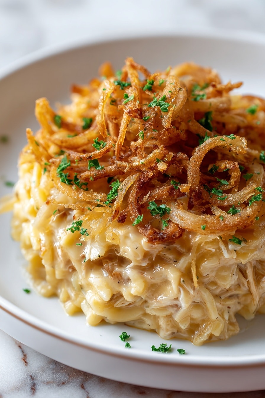 French Onion Chicken Orzo Bake Recipe 6 A close-up image of a creamy noodle dish served in a white bowl on a white marbled surface. The dish has three main layers: the bottom layer is soft, thin yellow noodles mixed with a creamy sauce, the middle layer includes shredded white chicken pieces mixed throughout the noodles, and the top layer is browned crispy fried onion rings with some melted cheese visible underneath. Bright green chopped herbs are sprinkled over the top for color contrast. The textures range from smooth and creamy noodles to crunchy, golden brown crispy onions. Photo taken with an iphone --ar 2:3 --v 7 - French Onion Chicken Orzo Bake, French Onion Chicken Casserole, Easy Chicken Orzo Recipes, Comforting Baked Chicken Dishes, cheesy onion chicken casserole