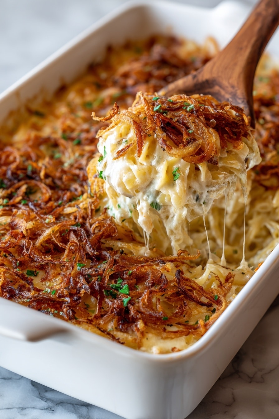 French Onion Chicken Orzo Bake Recipe 8 The image shows a white rectangular dish filled with a three-layer casserole. The bottom layer is creamy and pale, likely noodles mixed with sauce. The middle layer features melted cheese that pulls away slightly as a wooden spoon lifts a scoop. The top layer is golden brown, crispy fried onions scattered all over, with some green herbs sprinkled for color contrast. The dish is set on a dark cloth over a white marbled surface, and the focus is close up on the scoop being lifted. Photo taken with an iphone --ar 2:3 --v 7 - French Onion Chicken Orzo Bake, French Onion Chicken Casserole, Easy Chicken Orzo Recipes, Comforting Baked Chicken Dishes, cheesy onion chicken casserole