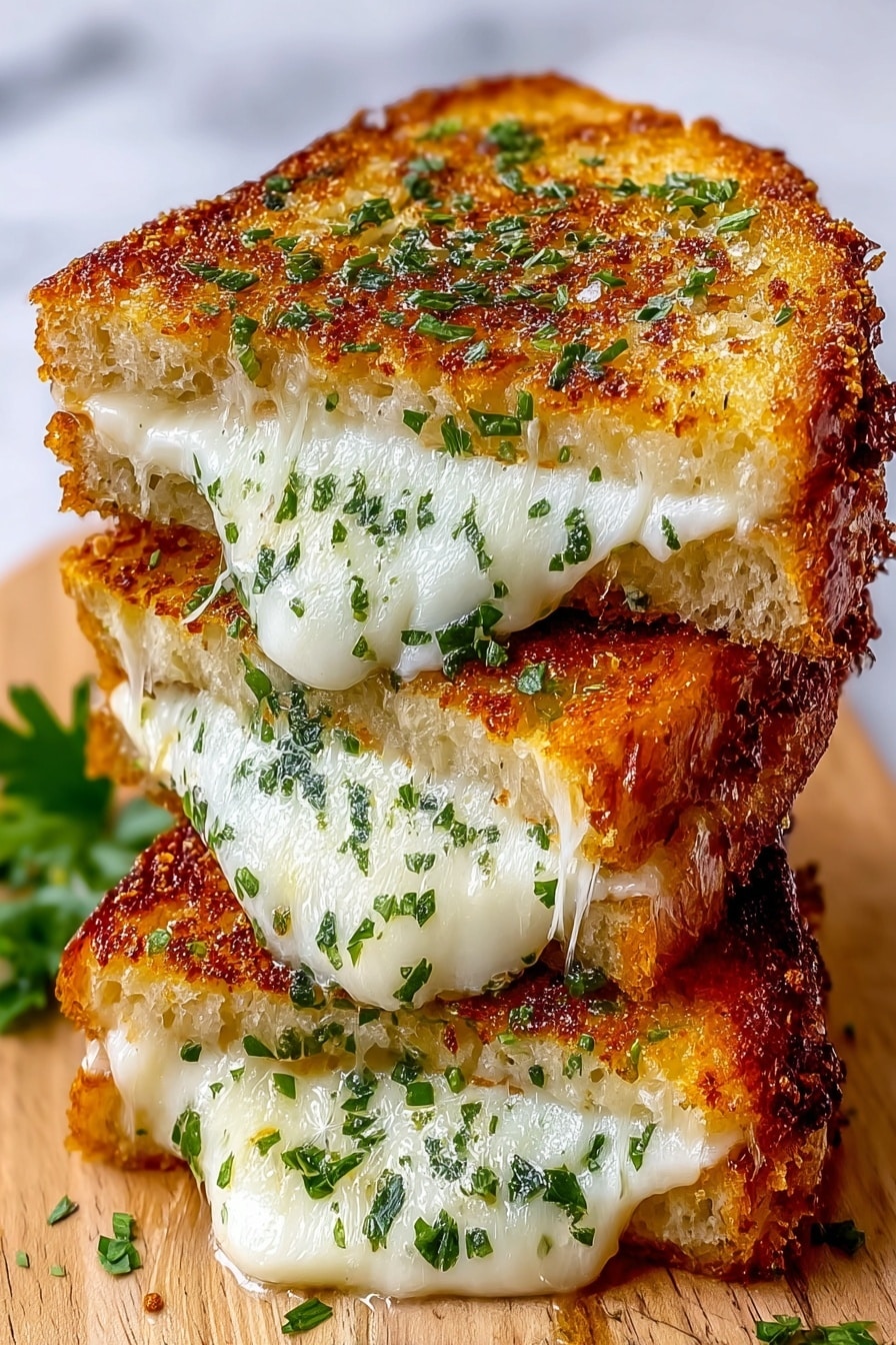 Garlic Bread Grilled Cheese Recipe 8 A stack of three grilled cheese sandwich halves shows crispy, golden-brown toasted bread with a crunchy texture and green herb sprinkles on top. Each sandwich half reveals a thick layer of melted white cheese stretching slightly, with dots of melted herbs mixed inside the cheese. The sandwiches are stacked slightly off-center on a light wooden board with a white marbled surface in the background. photo taken with an iphone --ar 2:3 --v 7 - Garlic Bread Grilled Cheese, garlic bread grilled cheese recipe, cheesy garlic grilled cheese, crispy garlic cheese sandwich, indulgent garlic bread sandwich