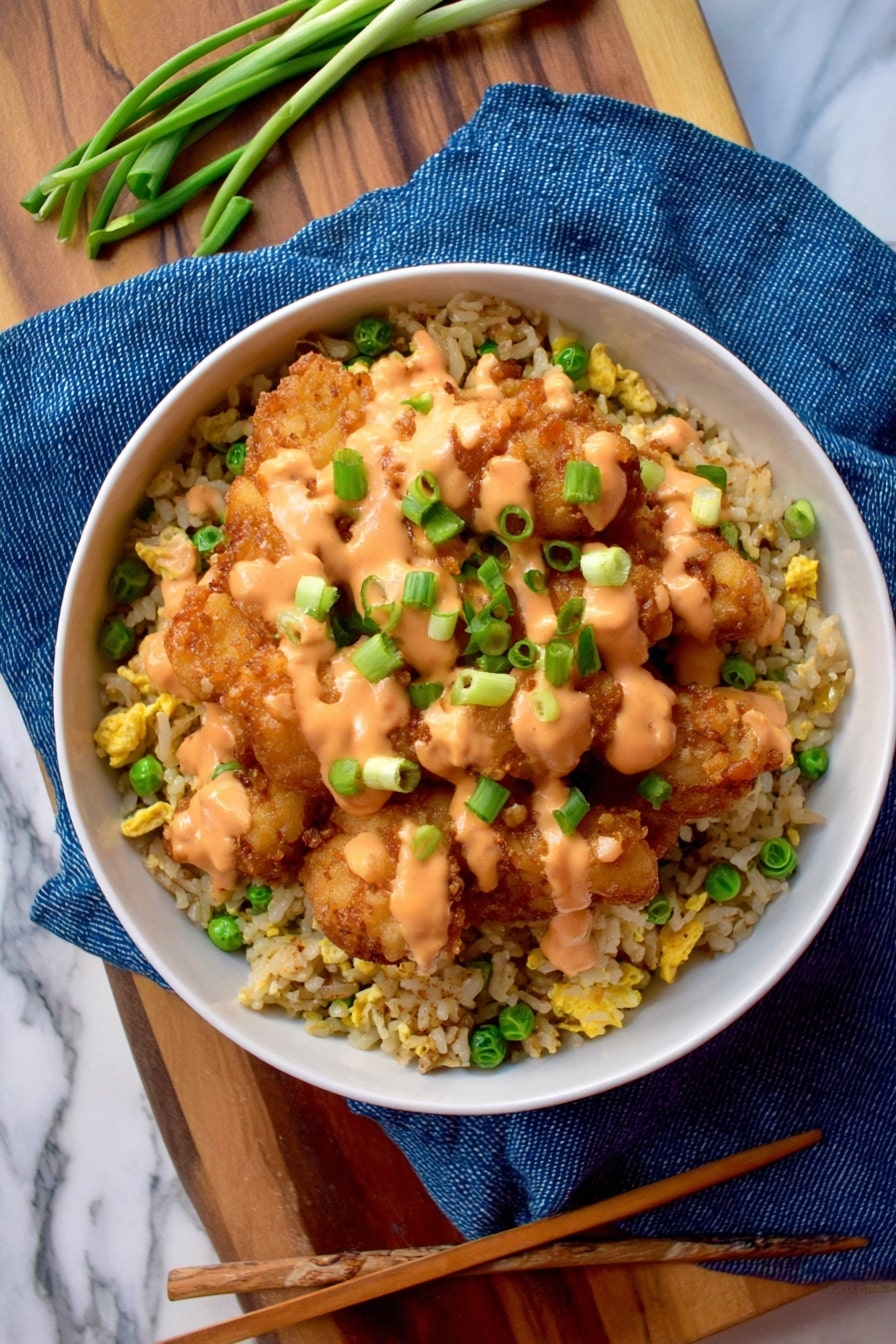 Bang Bang Chicken Fried Rice Recipe 6 A white bowl filled with three main layers: the bottom layer is fried rice mixed with small green peas and bits of scrambled egg, showing a light brown and yellow speckled texture; the middle layer consists of golden-brown crispy chicken pieces spread evenly on top of the rice; the top layer is a smooth, light orange sauce drizzled over the chicken, garnished with bright green chopped scallions scattered across the dish. The bowl is set on a blue cloth napkin with wooden chopsticks resting in front on a white marbled surface. Photo taken with an iphone --ar 2:3 --v 7 - Bang Bang Chicken Fried Rice, spicy chicken fried rice, crispy chicken rice recipe, flavorful fried rice with chicken, easy Asian fried rice dish