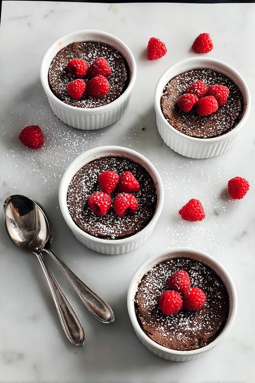 Dark Chocolate Raspberry Mousse Cakes Recipe 8 Four white round ramekins each hold a single-layer dark brown chocolate dessert with a slightly cracked top, garnished with three bright red raspberries on each. The ramekins are placed on a white marbled surface with scattered raspberries around them. Powdered sugar is lightly dusted over the desserts and the surface. To the right of the ramekins, three small shiny silver spoons are placed close together. photo taken with an iphone --ar 2:3 --v 7 - Dark Chocolate Raspberry Mousse Cakes, chocolate raspberry mousse desserts, elegant individual cakes, easy chocolate raspberry dessert, fruit-infused chocolate cake