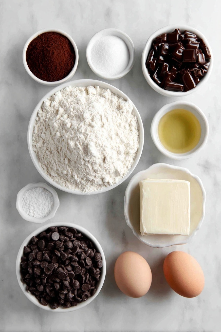 Chocolate Pancakes with Chocolate Chips Recipe 7 Flat lay of a small mound of all-purpose flour, a small white bowl of unsweetened cocoa powder, a small white bowl of granulated sugar, a small white bowl of baking powder, a small white bowl of baking soda, a small white bowl of kosher salt, a small white bowl filled with chocolate milk holding melted chocolate chips, a small white bowl of dark chocolate chips, two large whole brown eggs, a small white bowl of clear vanilla extract, a small white bowl of light golden unflavored oil, placed on a clean white marble surface, soft natural light, photo taken with an iPhone, professional food photography style, fresh ingredients, white ceramic bowls, no bottles, no duplicates, no utensils, no packaging --ar 2:3 --v 7 --p m7354615311229779997 - Chocolate Pancakes with Chocolate Chips, easy chocolate pancake recipe, fluffy chocolate pancakes, chocolate breakfast ideas, homemade chocolate pancakes