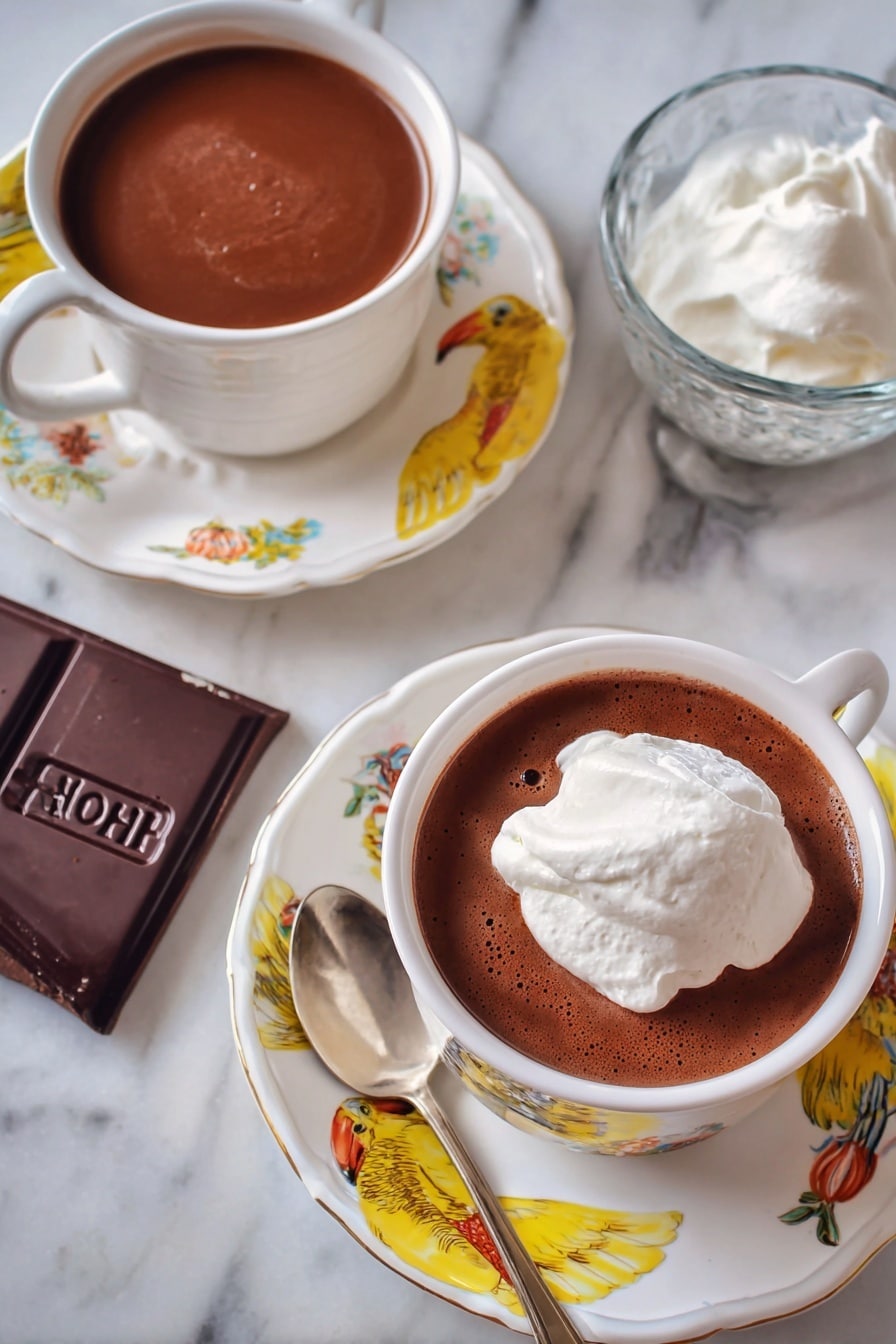 French Hot Chocolate Recipe 8 The image shows two white cups filled with dark brown hot chocolate placed on matching white saucers with bright yellow and colorful bird patterns. One cup is topped with a large dollop of white whipped cream, slightly melting into the drink, while the other cup has just the smooth surface of hot chocolate. A silver spoon rests on the saucer under the cup with whipped cream. To the side, there is a partially broken dark chocolate bar with the brand name embossed on it and a small glass bowl containing extra whipped cream. The background surface is a white marbled texture. Photo taken with an iphone --ar 2:3 --v 7 - French Hot Chocolate, decadent hot chocolate, velvety hot chocolate, rich chocolate drink, French hot chocolate recipe