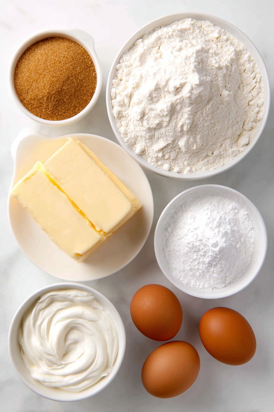 Eggnog Cookies with Nutmeg Glaze Recipe 7 Flat lay of a small mound of pale all-purpose flour, a white ceramic bowl holding fine light brown nutmeg powder, a smooth white ceramic bowl filled with light golden granulated sugar, a small white ceramic bowl with packed light brown sugar, two whole uncracked brown eggs with clean shells, a slab of creamy pale yellow butter, a small white ceramic bowl containing creamy off-white eggnog, a tiny white ceramic bowl with clear vanilla extract, a white ceramic bowl with white powdered sugar, a small white ceramic bowl holding white cream of tartar powder, and a small white ceramic bowl with white baking powder and baking soda powders arranged in perfect symmetry around each other, all placed on a clean white marble surface, soft natural light, photo taken with an iPhone, professional food photography style, fresh ingredients, white ceramic bowls, no bottles, no duplicates, no utensils, no packaging --ar 2:3 --v 7 --p m7354615311229779997 - Eggnog Cookies with Nutmeg Glaze, Holiday Eggnog Cookies, Festive Cookie Recipes, Seasonal Christmas Cookies, Nutmeg Glaze Cookies