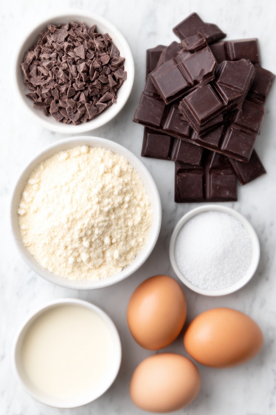 Rich Italian Hot Chocolate Recipe 7 Flat lay of finely chopped dark chocolate pieces, a small white bowl of granulated sugar, a small white bowl of unsweetened cocoa powder, a few grains of kosher salt scattered nearby, a small white bowl containing white cornstarch powder, a small white bowl with 2% milk, two whole uncracked brown eggs placed beside each other, placed on a clean white marble surface, soft natural light, photo taken with an iPhone, professional food photography style, fresh ingredients, white ceramic bowls, no bottles, no duplicates, no utensils, no packaging --ar 2:3 --v 7 --p m7354615311229779997 - Rich Italian Hot Chocolate, Italian hot chocolate, decadent hot chocolate, thick creamy hot chocolate, indulgent hot cocoa