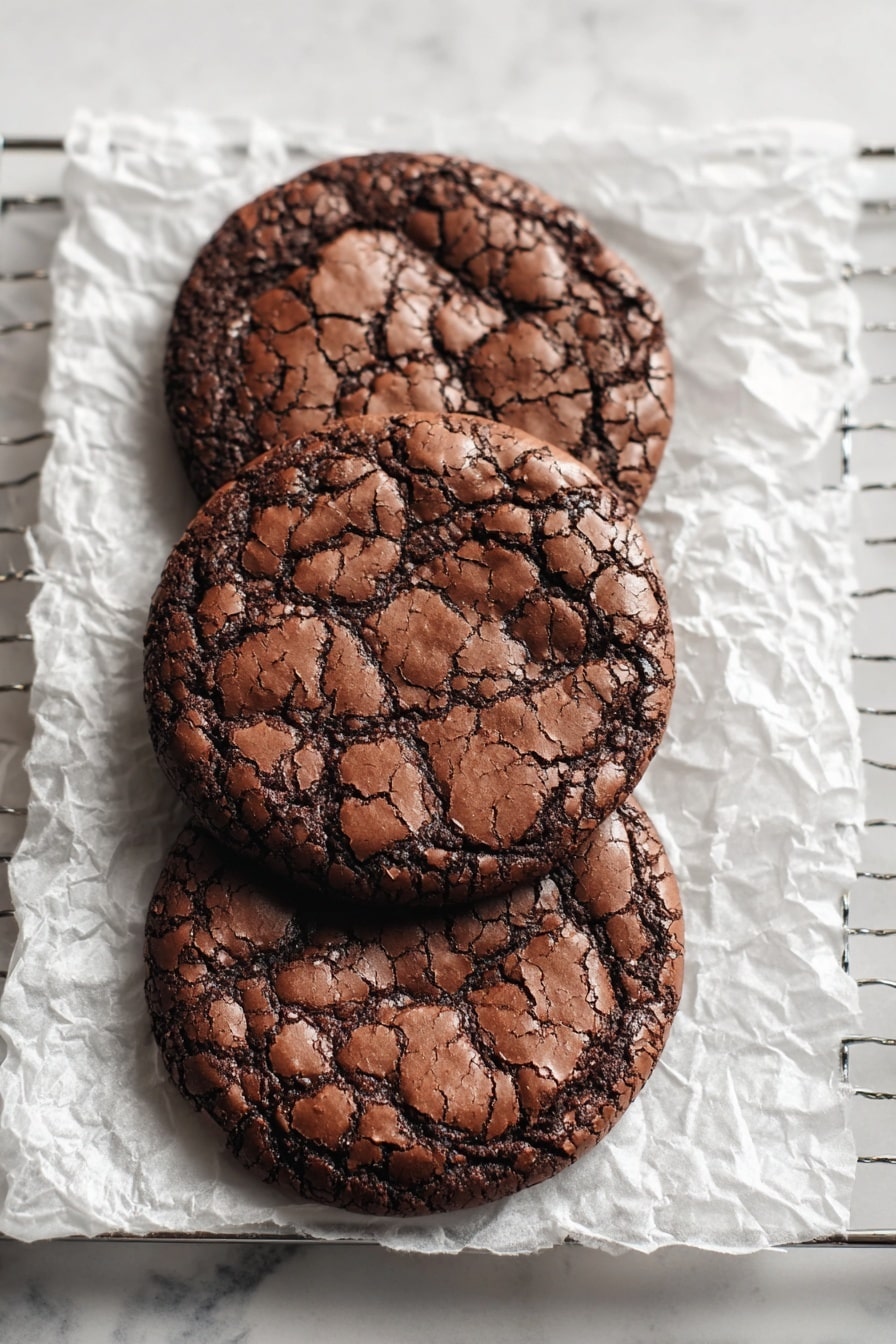 Hot Chocolate Brownie Crinkle Cookies Recipe 8 Three large, round chocolate cookies with a cracked top layer show a mix of dark and lighter brown shades, giving them a textured and slightly rough look. They are placed in a row on white crinkled parchment paper, which sits on a metal cooling rack. The background is a white marbled surface. photo taken with an iphone --ar 2:3 --v 7 - Hot Chocolate Brownie Crinkle Cookies, chocolate crinkle cookies, brownie cookies, fudgy cookie recipes, easy festive treats