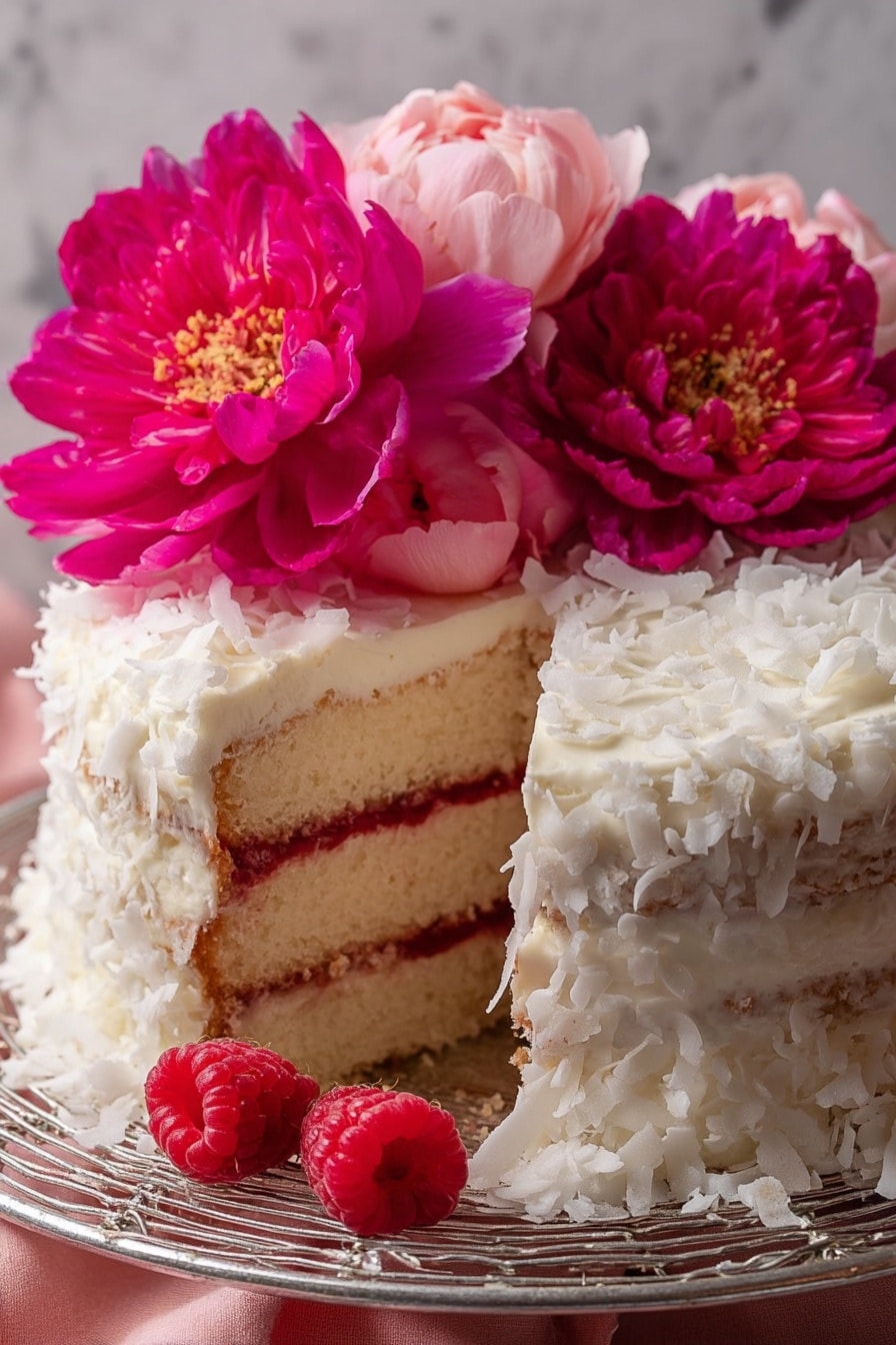 Raspberry Coconut Snowball Cake Recipe