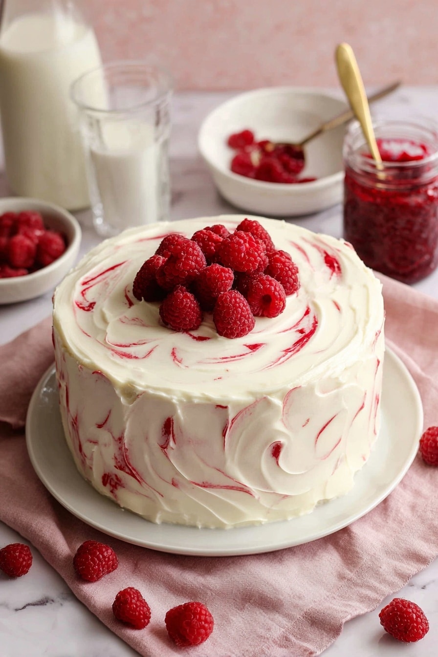 White Chocolate Raspberry Cake Recipe 8 A round, two-layer cake sits on a white plate over a light pink cloth on a white marbled surface. The cake is covered with thick, smooth white frosting that has a few red swirls blended in on the top. A small pile of fresh red raspberries is placed in the center on top, with one raspberry resting alone at the base near the front. In the background, there is a clear glass bottle filled with milk, an empty small clear glass, a small white bowl filled with more raspberries, and a jar of red jam with a gold spoon inside. Photo taken with an iphone --ar 2:3 --v 7 - White Chocolate Raspberry Cake, white chocolate raspberry cake, raspberry cake recipe, elegant cake with raspberry and white chocolate, celebration cake with raspberry