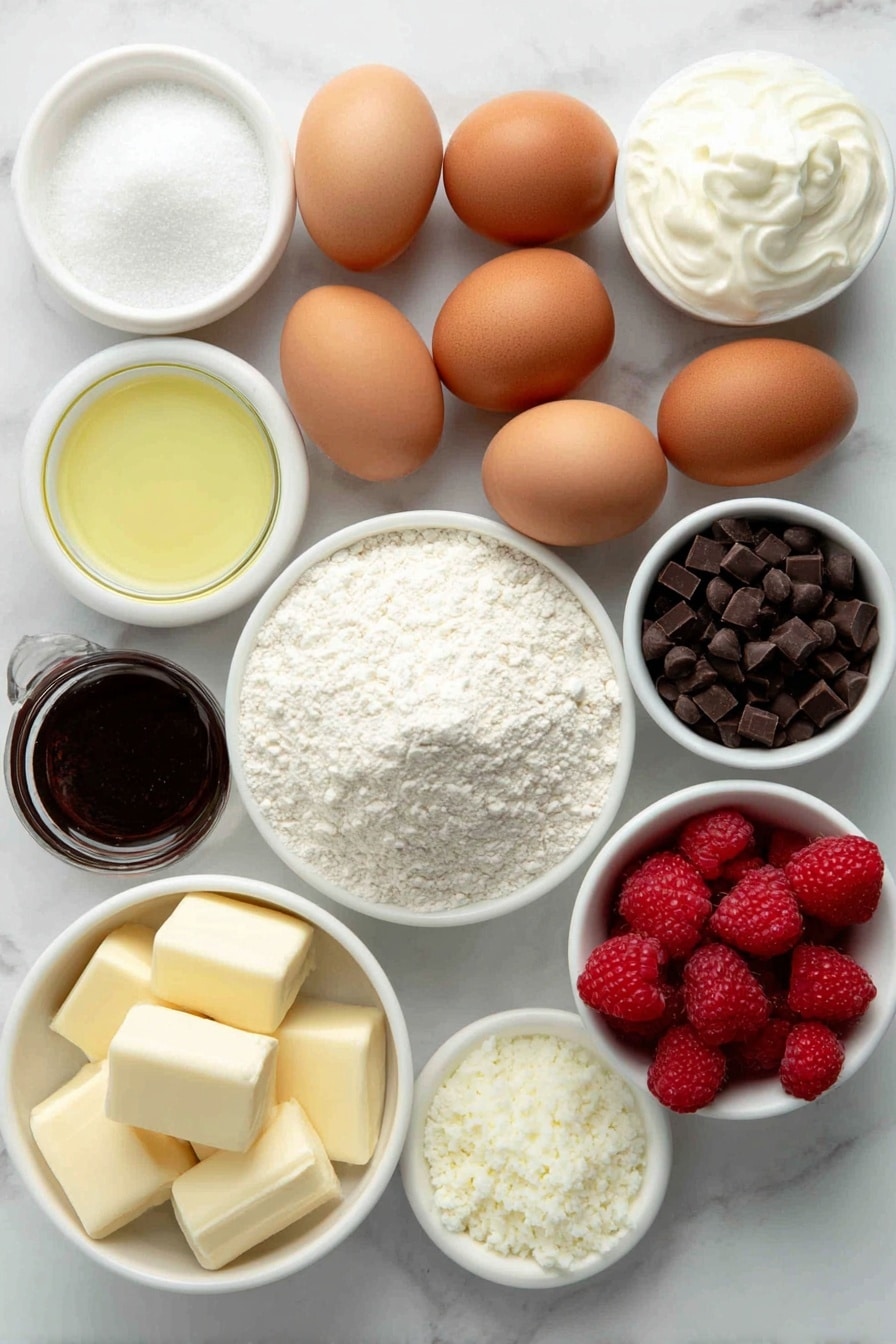 Chocolate Raspberry Cake Recipe 7 Flat lay of a small white ceramic bowl of all-purpose flour, a small white ceramic bowl filled with unsweetened cocoa powder, a few light brown baking soda crystals, a few light beige baking powder granules, a small pile of fine white salt, a small white ceramic bowl of white granulated sugar, a small white ceramic bowl of buttermilk with creamy texture, a small white ceramic bowl of golden vegetable oil, four large brown eggs with clean shells, a small white ceramic bowl of clear vanilla extract, a small white ceramic bowl of steaming hot water with visible steam rising, a small white ceramic bowl of fresh bright red raspberries, a small white ceramic bowl of powdered sugar snow-white and finely sifted, a small white ceramic bowl holding finely ground deep pink freeze-dried raspberry powder, a small white ceramic bowl of deep red thickened raspberry puree, a small white ceramic bowl of semi-sweet dark chocolate chips, a small white ceramic bowl of creamy heavy cream, and a small cluster of fresh plump raspberries for decoration, all arranged with perfect symmetry and balanced proportions, placed on a clean white marble surface, soft natural light, photo taken with an iPhone, professional food photography style, fresh ingredients, white ceramic bowls, no bottles, no duplicates, no utensils, no packaging --ar 2:3 --v 7 --p m7354615311229779997 - Chocolate Raspberry Cake, chocolate raspberry dessert, raspberry cake recipe, indulgent chocolate cake, festive berry desserts