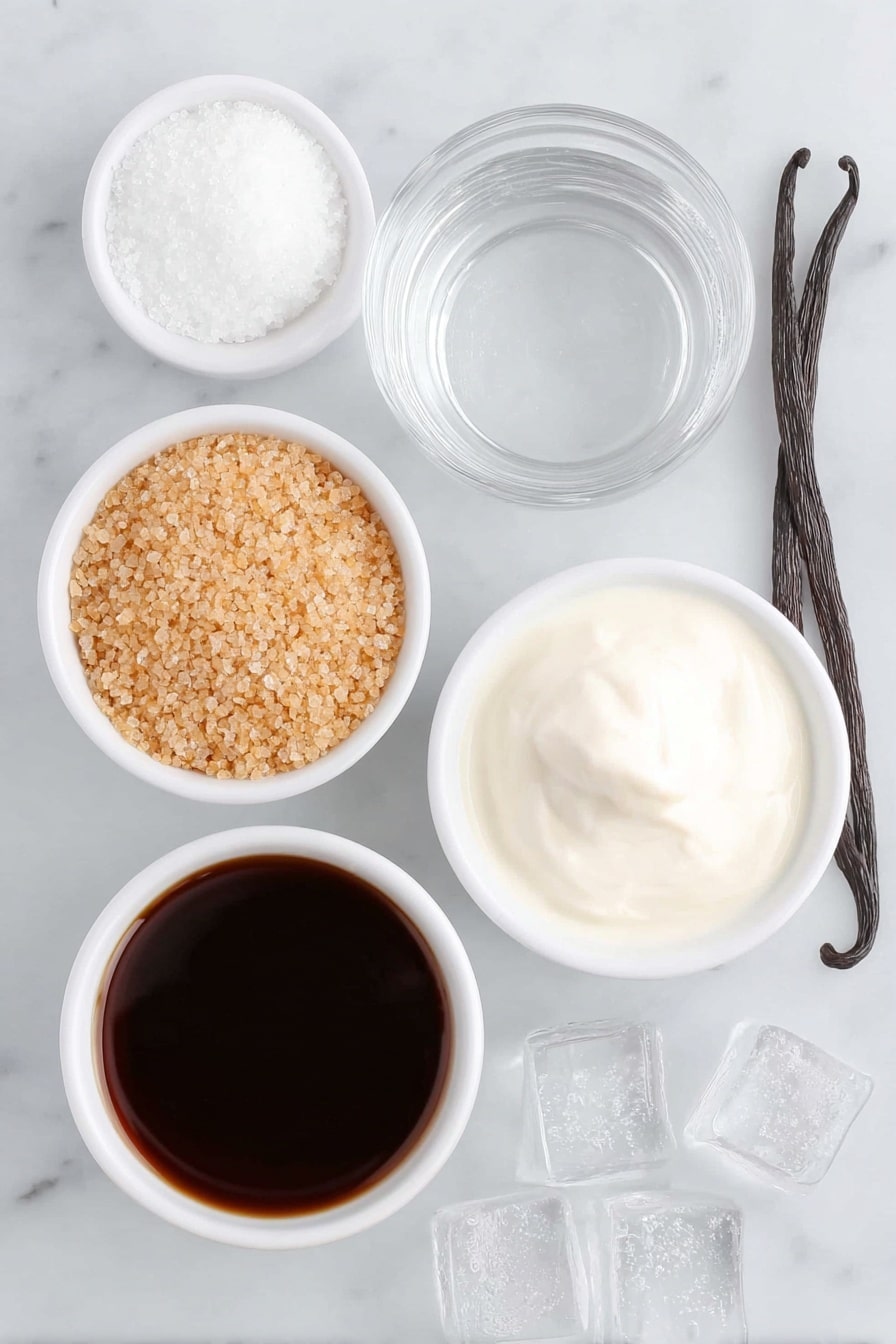 Homemade Vanilla Iced Coffee Recipe 7 Flat lay of a small pile of granulated cane sugar, a small white ceramic bowl of clear water, a whole split vanilla bean pod with visible seeds, a small white ceramic bowl filled with dark cold brew coffee, a small white ceramic bowl of creamy French vanilla coffee creamer, a small white ceramic bowl of light oat milk, and three clear ice cubes arranged neatly, all ingredients fresh and natural, perfectly balanced and symmetrical layout placed on a clean white marble surface, soft natural light, photo taken with an iPhone, professional food photography style, fresh ingredients, white ceramic bowls, no bottles, no duplicates, no utensils, no packaging --ar 2:3 --v 7 --p m7354615311229779997 - Homemade Vanilla Iced Coffee, vanilla iced coffee recipe, DIY vanilla iced coffee, easy vanilla iced coffee, flavored iced coffee
