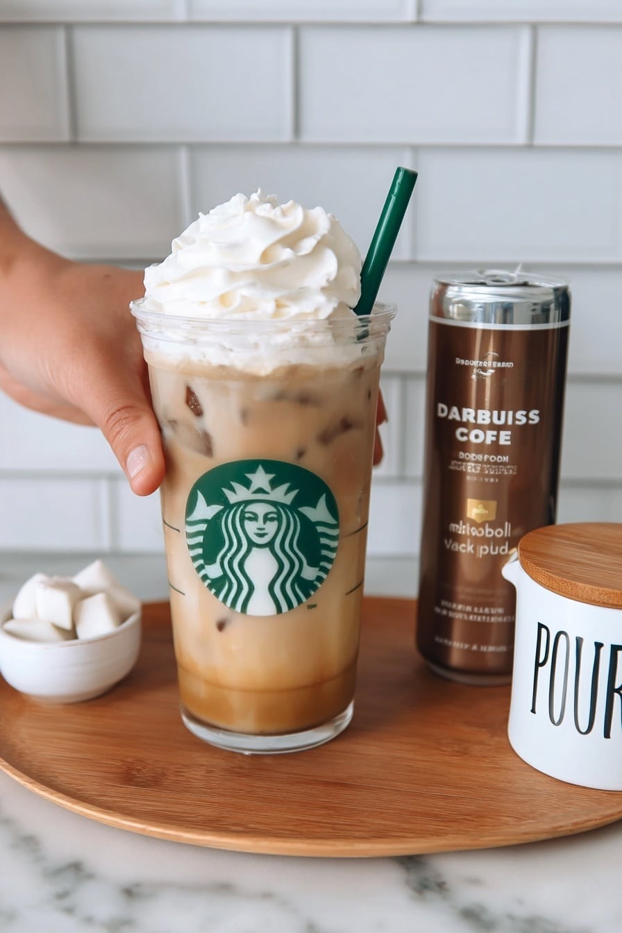 Iced White Chocolate Mocha Copycat Recipe 8 A tall clear plastic cup with the green Starbucks logo is filled with light brown iced coffee mixed with ice cubes, topped with a large swirl of white whipped cream, and a dark green straw sticking out from the cream on the right side. A woman's hand is holding the cup on the left side. Next to the cup on the right is a small metallic brown Starbucks Doubleshot Espresso can with white and silver text, and a white ceramic mug with the word “POUR” written in black letters, with a wooden lid on top. In the far left background, there is a small white bowl with white round slices inside. All items are placed on a wooden tray on a white marbled surface with a white tiled wall in the back. Photo taken with an iphone --ar 2:3 --v 7 - Iced White Chocolate Mocha, White Chocolate Mocha Copycat, Starbucks White Chocolate Mocha, Homemade Iced Coffee Drinks, Easy White Chocolate Mocha