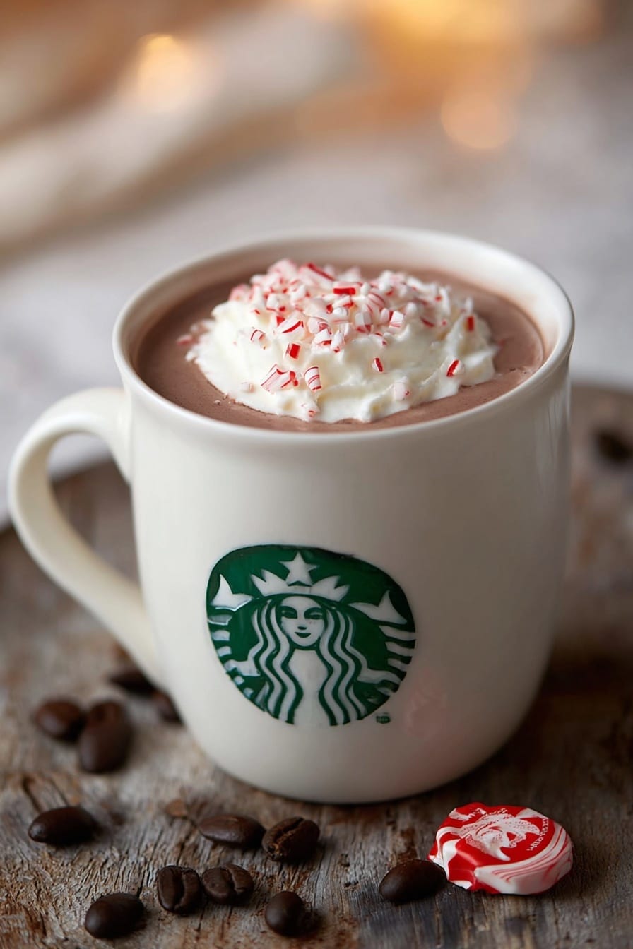 Peppermint Mocha Recipe 6 A white Starbucks mug with the green logo filled with smooth brown hot chocolate. On top, there is a layer of white whipped cream with small pieces of red and white peppermint sprinkled over it. The mug sits on a rough wooden surface with scattered dark brown coffee beans and a small red and white peppermint candy nearby. The background has a soft blur with warm light tones and a white marbled texture. Photo taken with an iphone --ar 2:3 --v 7 - Peppermint Mocha, peppermint mocha drink, festive mocha recipe, holiday coffee drink, DIY peppermint mocha