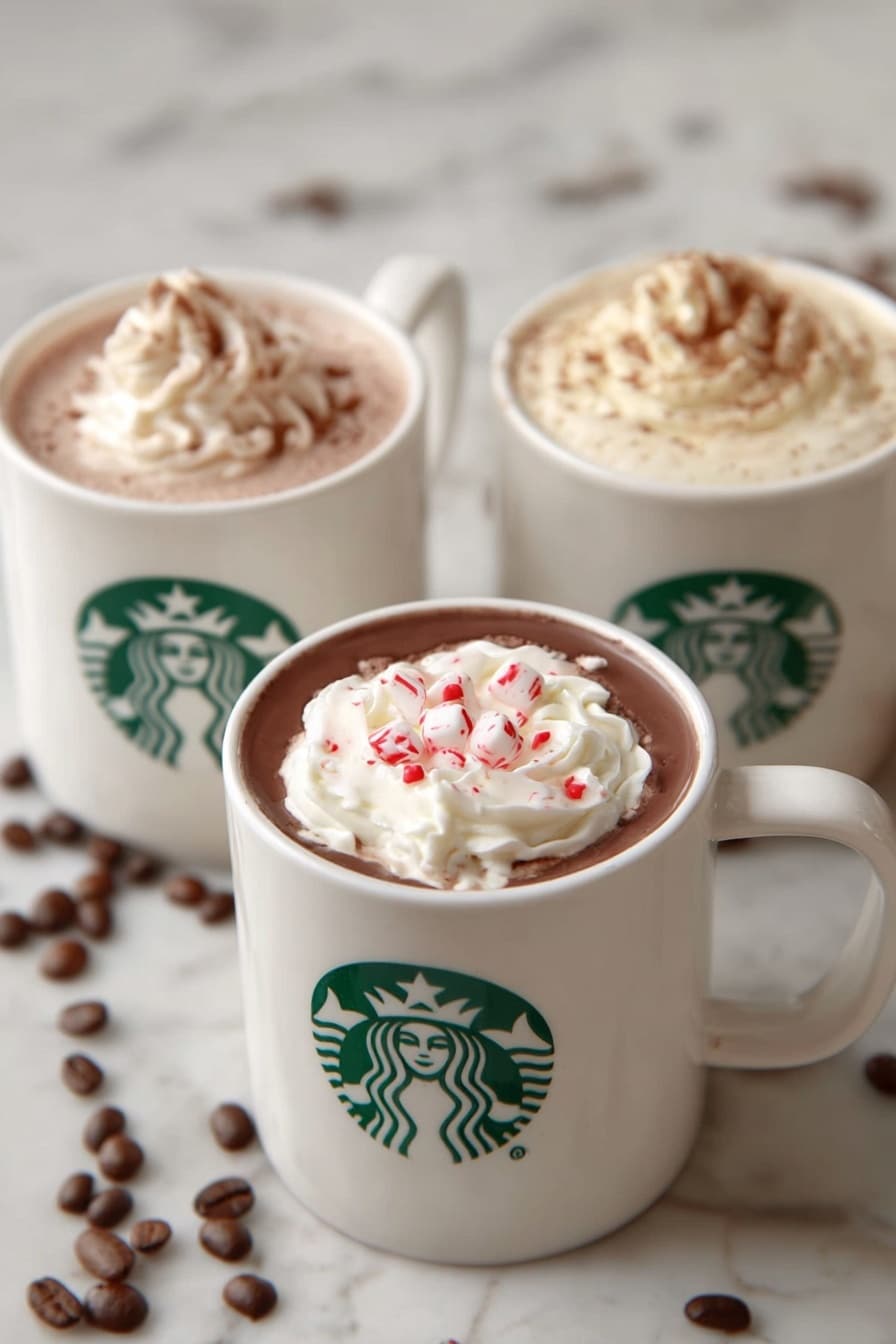 Peppermint Mocha Recipe 8 Three white mugs with the green Starbucks logo are filled with different hot drinks. The front mug contains thick chocolate topped with white whipped cream and small red candy pieces. The left mug has light brown hot chocolate topped with white whipped cream and a light brown drizzle. The right mug shows a creamy light brown drink with white whipped cream and a dusting of brown powder. The mugs sit on a white marbled surface with scattered coffee beans around them. The photo taken with an iphone --ar 2:3 --v 7 - Peppermint Mocha, peppermint mocha drink, festive mocha recipe, holiday coffee drink, DIY peppermint mocha