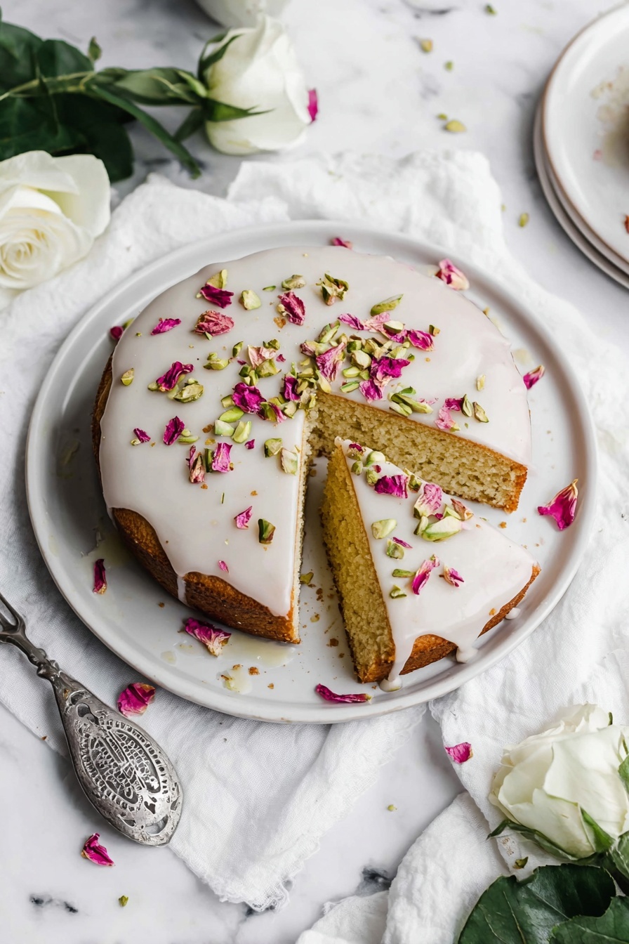 Persian Love Cake with Rose and Cardamom Recipe 8 A single-layer round cake with light brown edges and a soft golden inside sits on a white plate. The cake is covered with a smooth white icing that slightly drips down the sides. On top of the icing, there are small pieces of green pistachios and tiny bright pink dried rose petals scattered evenly. One slice has been taken out and placed on the same plate, showing the soft texture of the cake. Around the plate, there are white rose petals and green leaves resting on a white cloth, all placed on a white marbled surface. Nearby, a silver cake server with cut-out details is partially visible. Photo taken with an iphone --ar 2:3 --v 7 - Persian Love Cake with Rose and Cardamom, floral Persian cake recipes, fragrant rose and cardamom cake, Middle Eastern dessert recipes, special occasion Persian cake