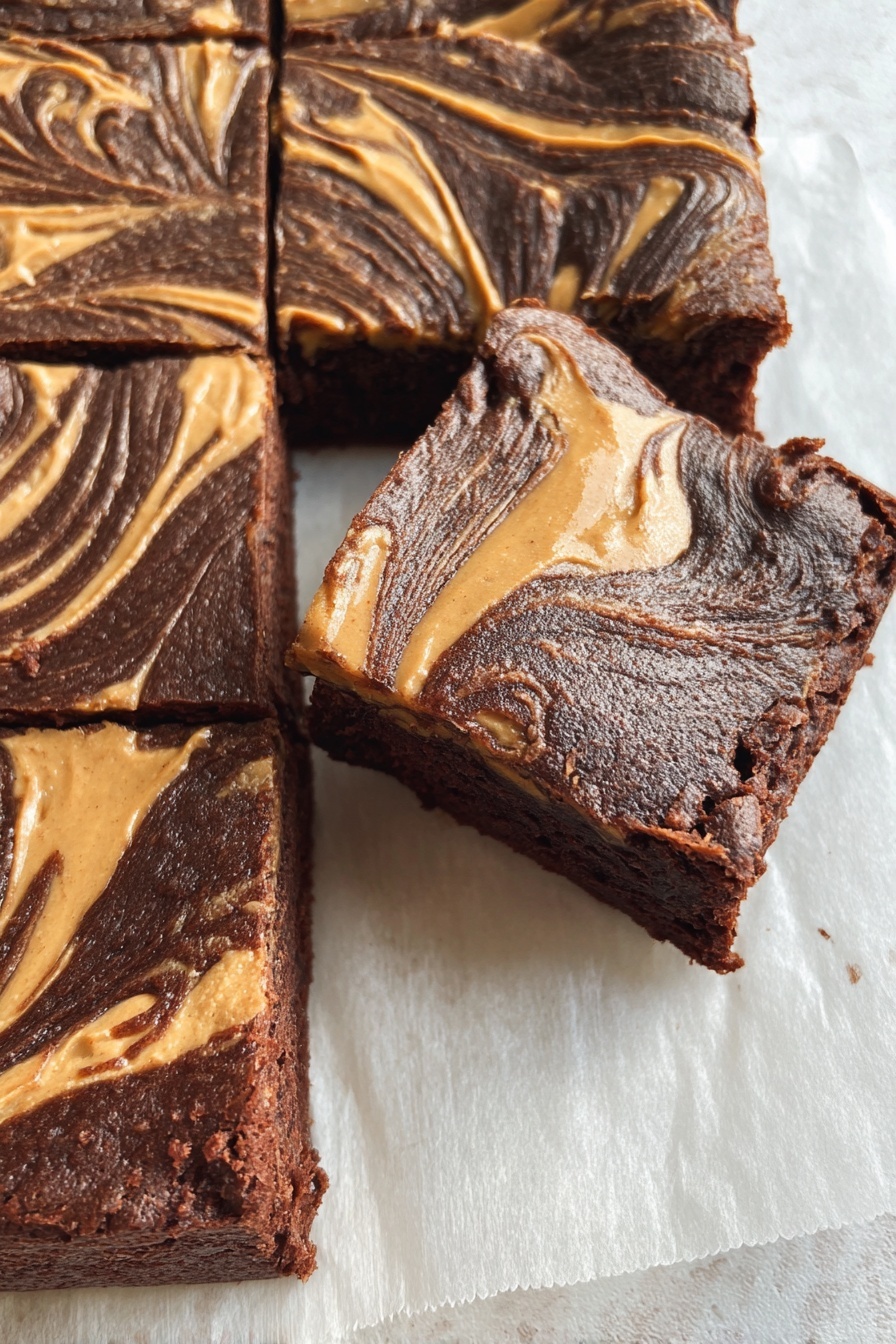 Banana Peanut Butter Fudge Brownies Recipe 8 The image shows a close-up of a square chocolate brownie with peanut butter swirls on top. The brownie is cut into smaller squares, and the top layer features a smooth mix of dark brown chocolate and light tan peanut butter in curly, marbled patterns. The inside of the brownie looks dense and moist with a rich texture. The brownie is placed on white parchment paper over a white marbled surface, and one piece is slightly moved out from the main block, showing the thickness and soft inside. Photo taken with an iphone --ar 2:3 --v 7 - Banana Peanut Butter Fudge Brownies, healthy brownie recipes, egg-free gluten-free desserts, quick chocolate banana brownies, dairy-free fudge brownies