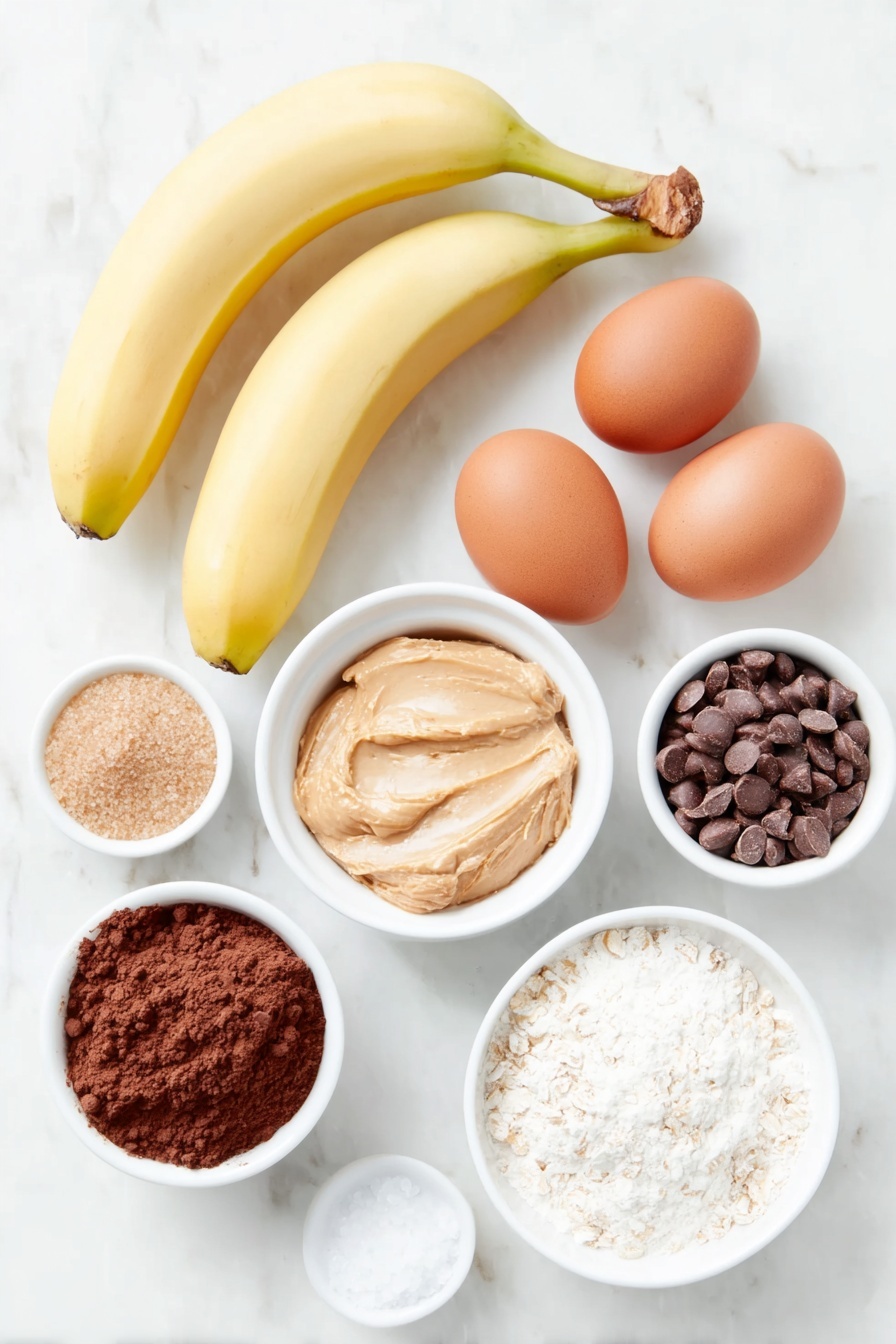 Healthy Banana Chocolate Bread Recipe 7 Flat lay of three medium ripe bananas with smooth yellow skin, two large whole brown eggs with clean shells, a small white ceramic bowl filled with creamy almond nut butter, a small white bowl holding light brown granular sweetener, a small white bowl containing dark brown cocoa powder, a small white bowl with fine white oat flour, a small white bowl of fine light beige baking powder, a small white bowl filled with small glossy dark chocolate chips, a small white bowl of clear vanilla extract liquid, a small white bowl with fine sea salt crystals, all arranged in perfect symmetry on a clean white marble surface, soft natural light, photo taken with an iPhone, professional food photography style, fresh ingredients, white ceramic bowls, no bottles, no duplicates, no utensils, no packaging --ar 2:3 --v 7 --p m7354615311229779997 - Healthy Banana Chocolate Bread, healthy banana bread, moist banana bread, gluten-free banana bread, nutritious chocolate banana loaf