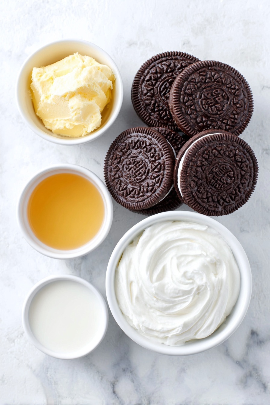 Oreo Ice Cream Sandwiches Recipe 7 Flat lay of whole Oreo cookies with their distinct black-and-white pattern, a small white bowl of melted golden butter, a small white bowl of thick white heavy cream, a small white bowl of glossy condensed milk, and a small white bowl containing clear vanilla extract, all arranged symmetrically with perfect proportions on a clean white marble surface, soft natural light, photo taken with an iPhone, professional food photography style, fresh ingredients, white ceramic bowls, no bottles, no duplicates, no utensils, no packaging --ar 2:3 --v 7 --p m7354615311229779997 - Oreo Ice Cream Sandwiches, homemade Oreo ice cream sandwiches, easy Oreo ice cream treat, no-churn Oreo ice cream dessert, quick Oreo ice cream recipe