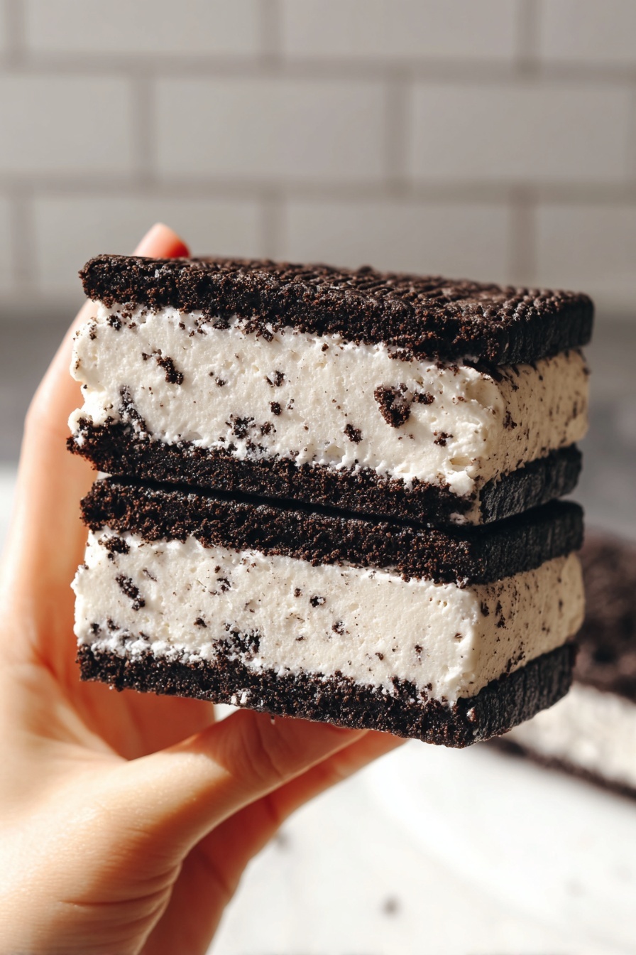 Oreo Ice Cream Sandwiches Recipe 6 A close-up view of a thick ice cream sandwich held by a woman's hand. The sandwich has three layers: two dark brown, almost black, soft cookie layers on the top and bottom with a thick middle layer of light cream-colored ice cream speckled with small dark cookie crumbs. The texture of the cookie layers looks moist and dense, while the ice cream is creamy and slightly melting around the edges. The background shows a white marbled surface and blurred tiles that add a clean simple look. Photo taken with an iphone --ar 2:3 --v 7 - Oreo Ice Cream Sandwiches, homemade Oreo ice cream sandwiches, easy Oreo ice cream treat, no-churn Oreo ice cream dessert, quick Oreo ice cream recipe