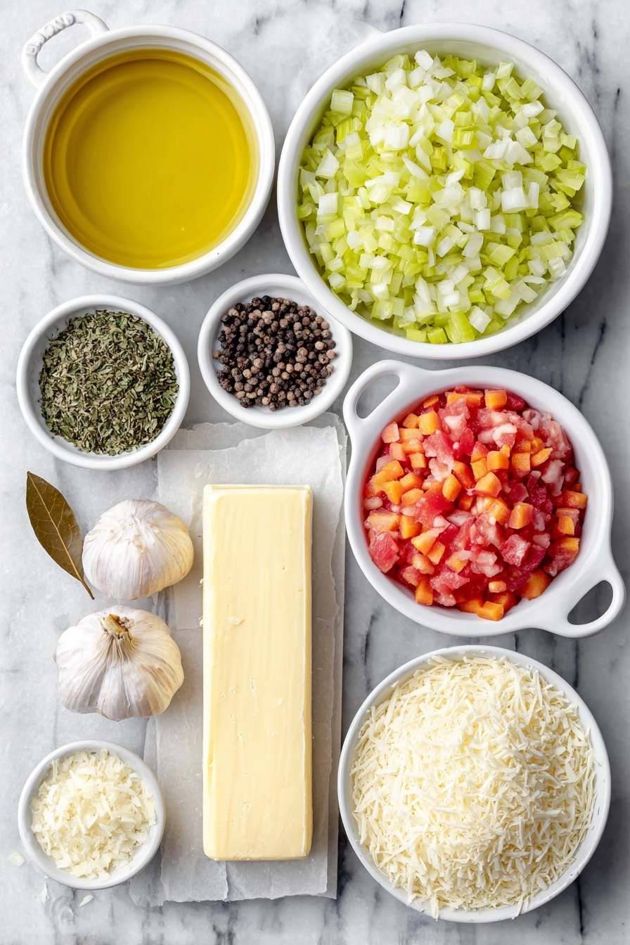 Tomato Basil Parmesan Soup Recipe 7 Flat lay of a small white ceramic bowl of golden olive oil, a neat pile of finely diced bright orange carrots, a small mound of finely diced pale green celery, a small heap of finely diced white onions, three whole uncracked garlic cloves, a small white bowl filled with dried greenish oregano, a small white bowl of dried dark green basil leaves, a small white bowl of coarse white salt, a small white bowl of whole black peppercorns, a white ceramic bowl holding plump red petite diced tomatoes with juice, a small white ceramic bowl filled with clear vegetable broth, a single dried brown bay leaf, a rectangular stick of pale yellow salted butter, a small white bowl of fine white flour, a small white bowl overflowing with freshly grated pale yellow parmesan cheese, and a small white bowl of creamy off-white half and half arranged with perfect symmetry, placed on a clean white marble surface, soft natural light, photo taken with an iPhone, professional food photography style, fresh ingredients, white ceramic bowls, no bottles, no duplicates, no utensils, no packaging --ar 2:3 --v 7 --p m7354615311229779997 - Tomato Basil Parmesan Soup, creamy tomato basil soup, easy tomato basil soup recipe, homemade tomato basil soup, comforting Italian soup