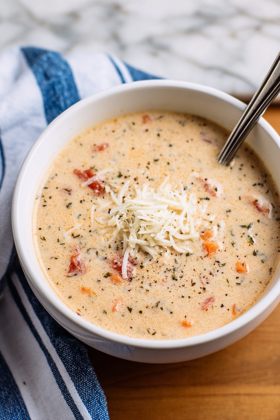 Tomato Basil Parmesan Soup Recipe 6 A creamy soup served in a white bowl showing a thick light beige liquid base with small pieces of orange carrots, red tomatoes, and herbs scattered throughout. There is a small mound of shredded white cheese in the center on top, and tiny black pepper specks spread over the surface of the soup. A metal spoon is placed inside the bowl at the back right edge. The bowl sits on a wooden table next to a blue and white striped cloth. The background has a white marbled texture. photo taken with an iphone --ar 2:3 --v 7 - Tomato Basil Parmesan Soup, creamy tomato basil soup, easy tomato basil soup recipe, homemade tomato basil soup, comforting Italian soup