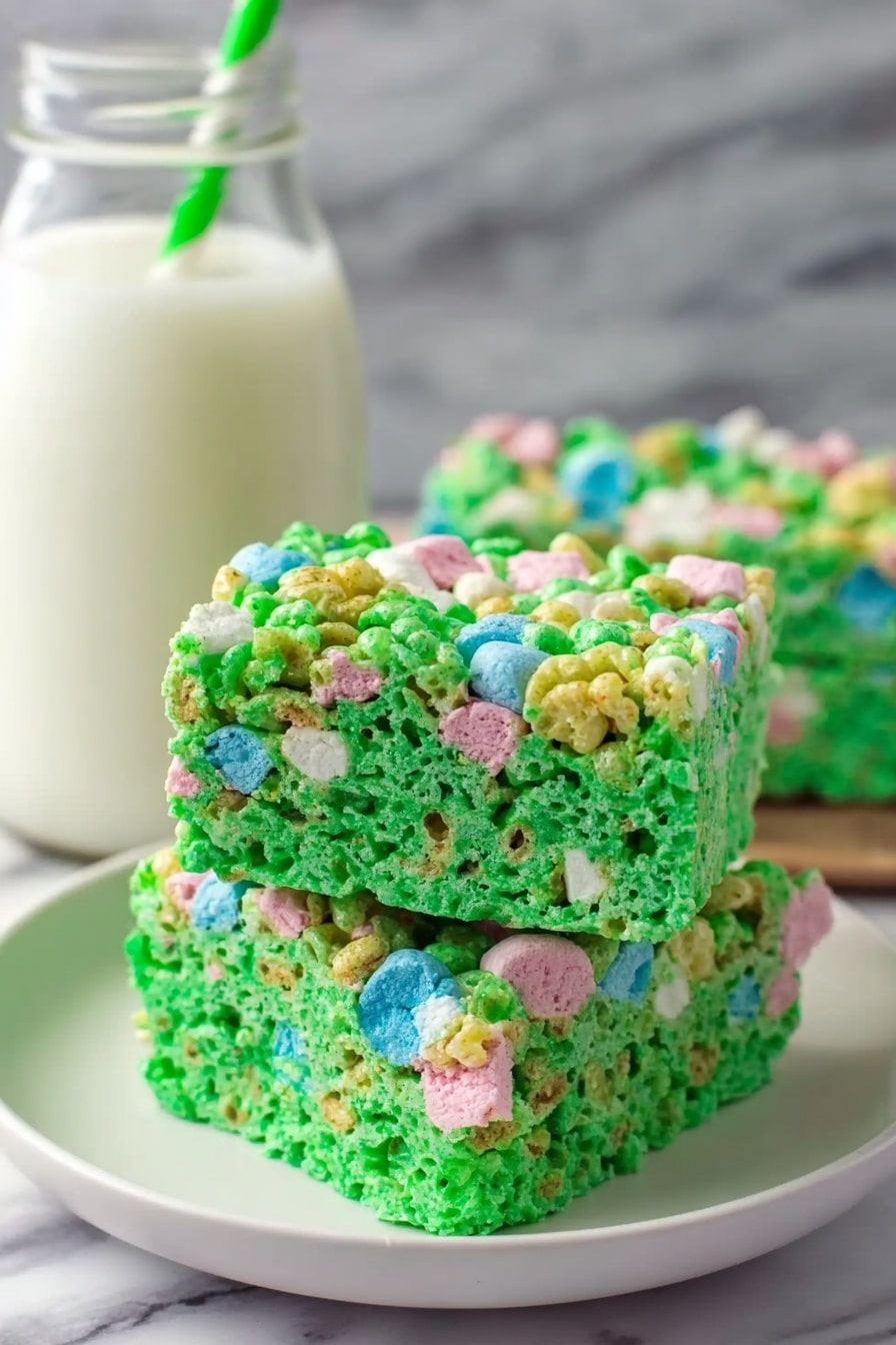 Lucky Charms Rice Krispie Treats Recipe 8 The image shows two thick, square cereal treats stacked on top of each other on a white plate. The treats are bright green with a rough, bumpy texture, and they are filled with colorful marshmallow pieces in pink, blue, yellow, and white, scattered throughout each layer. The top treat is slightly tilted, showing the layers clearly with the colorful bits inside. In the background, there is a glass bottle of milk with a green and white striped straw, placed on a white marbled surface. Photo taken with an iphone --ar 2:3 --v 7 - Lucky Charms Rice Krispie Treats, colorful cereal treats, marshmallow cereal bars, fun party snacks, nostalgic sweet recipes