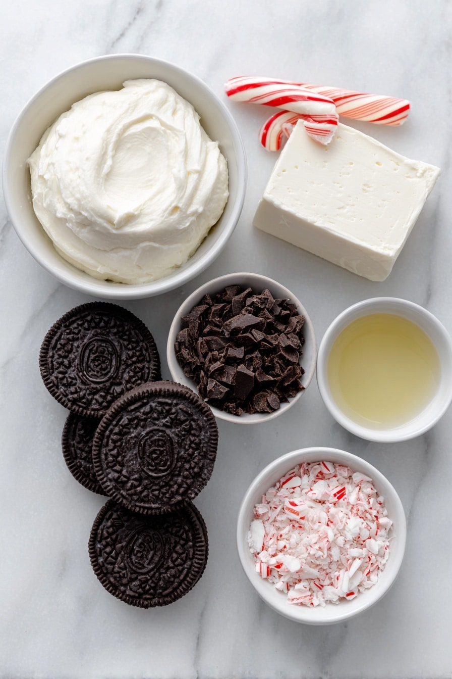 Peppermint Oreo Truffles Recipe 7 Flat lay of whole Oreo cookies with creamy white filling, a block of smooth cream cheese, a small white bowl of clear peppermint extract, finely chopped dark semisweet chocolate pieces, a small white bowl with clear coconut oil, two whole red and white striped candy canes, and a small white bowl filled with crushed candy cane pieces, all arranged symmetrically on a clean white ceramic surface placed on a clean white marble surface, soft natural light, photo taken with an iPhone, professional food photography style, fresh ingredients, white ceramic bowls, no bottles, no duplicates, no utensils, no packaging --ar 2:3 --v 7 --p m7354615311229779997 - Peppermint Oreo Truffles, peppermint chocolate truffles, no-bake holiday treats, minty dessert bites, festive Oreo truffles