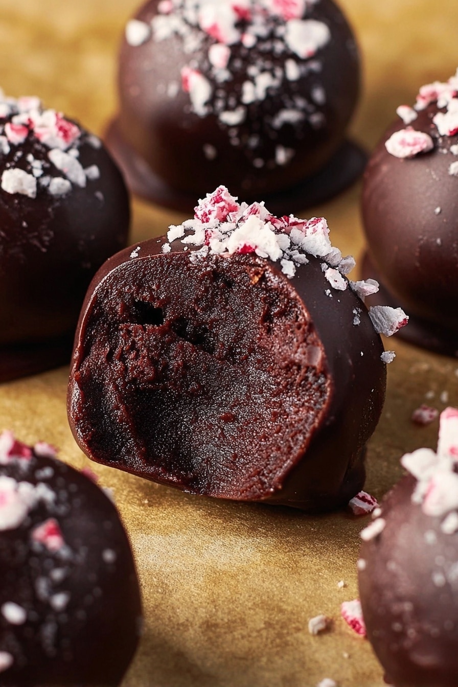 Peppermint Oreo Truffles Recipe 6 The image shows several round chocolate truffles with a smooth dark chocolate coating. Each truffle is topped with small white and pinkish crushed candy pieces. One truffle in the center is bitten to show a dense, dark, and moist chocolate inside, with a thick chocolate outer layer. The truffles rest on a soft golden surface with a slight shine. The texture of the chocolate coating looks rich and smooth, while the crushed candies create a rough contrast on top. photo taken with an iphone --ar 2:3 --v 7 - Peppermint Oreo Truffles, peppermint chocolate truffles, no-bake holiday treats, minty dessert bites, festive Oreo truffles