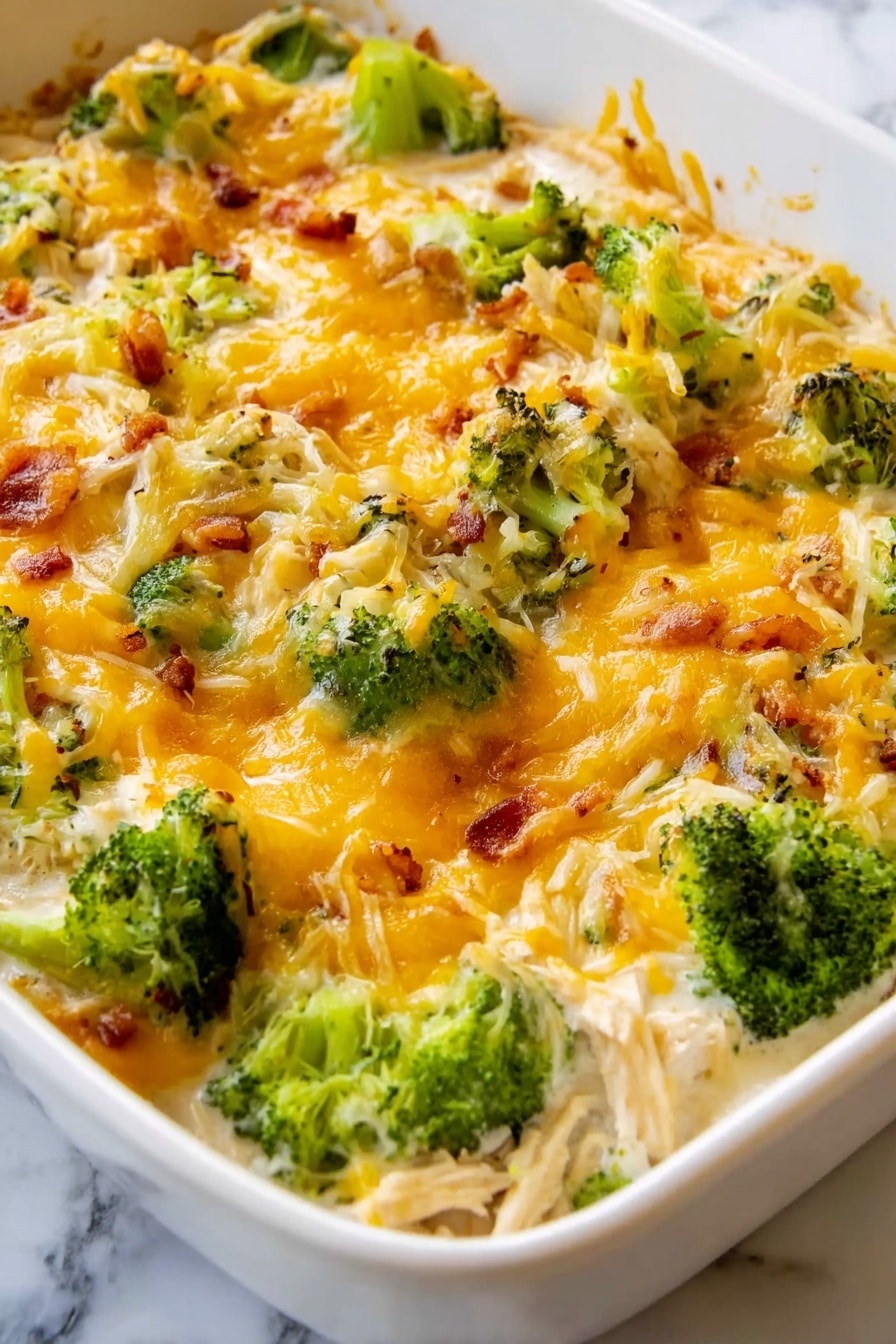 Chicken Bacon Ranch Casserole Recipe 8 The image shows a close-up of a creamy casserole dish with layers. On the bottom, there's a thick white creamy sauce mixed with shredded pieces, visible near the edge where a portion has been scooped out. On top, there are pieces of bright green broccoli scattered evenly. Shredded yellow and white cheese is melted over the broccoli and sauce, creating a slightly bubbly and textured surface. Small bits of crisp brown bacon or similar ingredients are speckled throughout the dish, adding contrast. All of this is inside a white baking dish, placed on a white marbled surface. Photo taken with an iphone --ar 2:3 --v 7 - Chicken Bacon Ranch Casserole, Chicken Bacon Ranch Bake, Easy Chicken Casserole, Cheesy Chicken Bake, Fast Weeknight Dinners