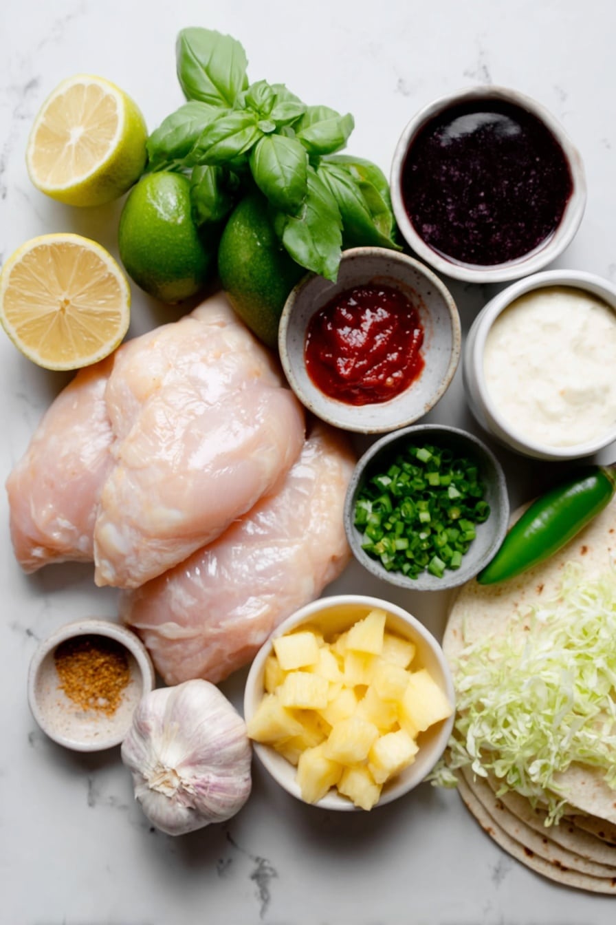 Hawaiian Chicken Tacos with Pineapple Salsa Recipe 7 Flat lay of two whole uncracked brown chicken breasts, four peeled garlic cloves, two whole shallots with papery skins, a small white ceramic bowl of bright pink pickled ginger, a small white ceramic bowl of deep brown soy sauce, a small white ceramic bowl of vibrant red sriracha, a small white ceramic bowl of golden chili powder, a handful of fresh vibrant green cilantro sprigs, two fresh green jalapeños, a small pile of fresh pineapple chunks with vivid yellow flesh, a small white ceramic bowl of creamy white sour cream, a small white ceramic bowl of pale mayo, a small white ceramic bowl with fresh lemon juice, fresh whole basil leaves, fresh chopped chives, a few whole large green avocados cut in half showing their creamy interior, a small pile of shredded pale green lettuce, and a stack of soft warm white corn tortillas, all arranged with perfect symmetry on a clean white marble surface, soft natural light, photo taken with an iPhone, professional food photography style, fresh ingredients, white ceramic bowls, no bottles, no duplicates, no utensils, no packaging --ar 2:3 --v 7 --p m7354615311229779997 - Hawaiian Chicken Tacos with Pineapple Salsa, Hawaiian Chicken Tacos, Pineapple Salsa Tacos, Tropical Chicken Tacos, Chicken Taco Recipes