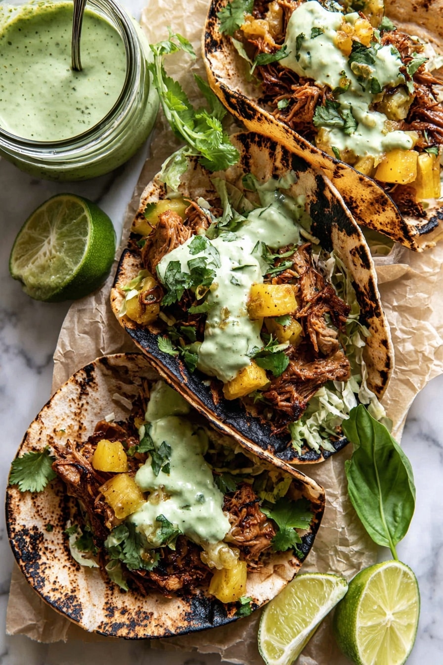 Hawaiian Chicken Tacos with Pineapple Salsa Recipe 6 The image shows three grilled tortillas with dark charred spots, each filled with shredded brown meat and small pieces of yellow pineapple. On the bottom layer inside the tortillas, there is a bed of green shredded lettuce and fresh cilantro leaves. Above the meat and pineapple mix, there is a creamy green sauce drizzled unevenly on top. One lime wedge and some fresh green basil leaves are placed on a white plate. In the upper left corner, there is a glass jar with more green sauce. The background surface has a white marbled texture. photo taken with an iphone --ar 2:3 --v 7 - Hawaiian Chicken Tacos with Pineapple Salsa, Hawaiian Chicken Tacos, Pineapple Salsa Tacos, Tropical Chicken Tacos, Chicken Taco Recipes