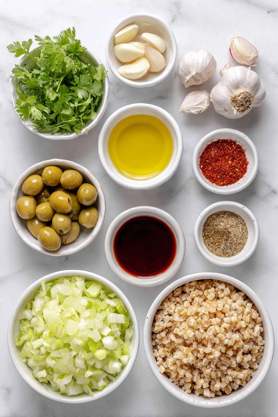 Mediterranean Beef Bowls with Harissa Oil Recipe 7 Flat lay of a large yellow onion finely chopped in a small white ceramic bowl, three whole garlic cloves with clean uncracked shells, a diced green bell pepper in a white bowl, three diced Roma tomatoes, three diced Persian cucumbers, three sliced radishes arranged neatly, a small white bowl of extra virgin olive oil, a small white bowl containing bright red harissa paste, a small white bowl with deep red Aleppo pepper flakes, a small white bowl filled with ground baharat spice, a small white bowl with smoked Spanish paprika powder, a handful of glossy Castelvetrano and Kalamata olives, a bunch of fresh green cilantro sprigs, a white ceramic bowl with cooked warm bulgur grains, small white bowls holding smooth tahini sauce and creamy feta dressing, and a small bowl of rich tomato paste, all arranged symmetrically and balanced on a clean white marble surface, soft natural light, photo taken with an iPhone, professional food photography style, fresh ingredients, white ceramic bowls, no bottles, no duplicates, no utensils, no packaging --ar 2:3 --v 7 --p m7354615311229779997 - Mediterranean Beef Bowls with Harissa Oil, Mediterranean beef bowl recipe, Harissa oil beef bowl, flavorful beef bowls, healthy Mediterranean dinner