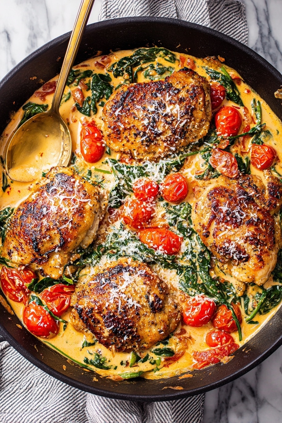 Creamy Tuscan Chicken with Spinach Recipe 8 A black skillet filled with four browned chicken pieces evenly placed, each top layer showing a crispy, golden tone with some char marks and sprinkled with white grated cheese. Around and between the chicken are bright red cherry tomatoes sliced in halves and deep green spinach leaves soft in a creamy, light orange sauce. A large metal spoon with a gold handle rests on the left side of the skillet. The skillet sits on a white marbled surface with a gray and white striped cloth partially visible underneath. Photo taken with an iphone --ar 2:3 --v 7 - Creamy Tuscan Chicken with Spinach, Creamy Tuscan Chicken, Chicken with Spinach and Cream Sauce, Easy Tuscan Chicken Meal, Gourmet Chicken Dinner