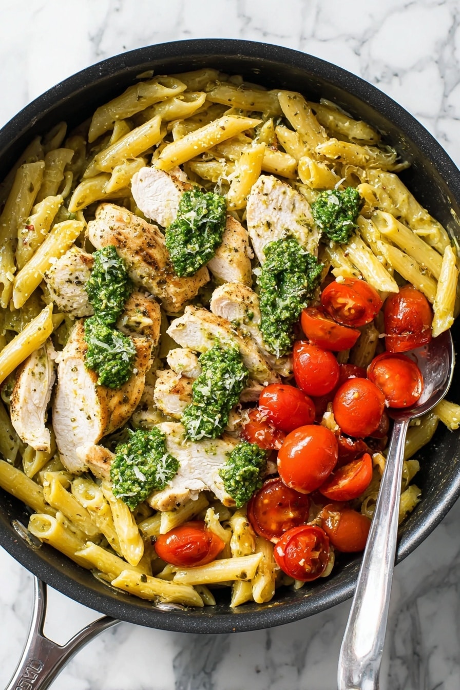 Creamy Pesto Chicken Pasta Recipe 8 A black pan filled with three main layers: the bottom layer is light yellow penne pasta mixed with specks of green pesto, the middle layer has several pieces of cooked, lightly browned chicken placed on top of the pasta, and the top layer shows dollops of vibrant green pesto and scattered halved bright red cherry tomatoes. A silver spoon rests inside the pan on the right side. The scene is set on a white marbled surface. photo taken with an iphone --ar 2:3 --v 7 - Creamy Pesto Chicken Pasta, pesto chicken pasta, pesto pasta recipe, easy creamy chicken pasta, flavorful pasta dishes