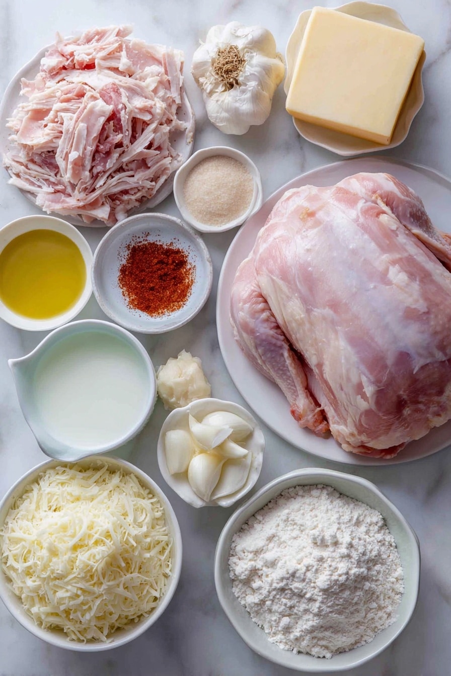 Cheesy Chicken Cordon Bleu Casserole Recipe 7 Flat lay of a whole rotisserie chicken, meat removed and pulled into shredded pieces, a few slices of black forest ham, several slices of Swiss cheese, a small white bowl of softened butter, two peeled garlic cloves, a small white bowl of all-purpose flour, a small white bowl of fresh milk, a small white bowl of lemon juice, a small white bowl of Dijon mustard, a small white bowl of coarse salt, a small white bowl of smoked paprika, a small white bowl of black pepper, a small white bowl of seasoned bread crumbs, a small white bowl of grated Parmesan cheese placed on a clean white marble surface, soft natural light, photo taken with an iPhone, professional food photography style, fresh ingredients, white ceramic bowls, no bottles, no duplicates, no utensils, no packaging --ar 2:3 --v 7 --p m7354615311229779997 - Cheesy Chicken Cordon Bleu Casserole, chicken cordon bleu casserole, cheesy chicken bake, chicken and ham casserole, easy chicken casserole