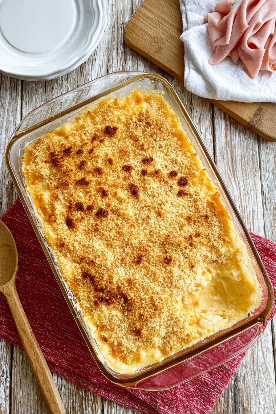 Cheesy Chicken Cordon Bleu Casserole Recipe 8 A glass baking dish filled with a baked casserole showing a golden brown, crispy top layer of breadcrumbs with some darker toasted spots. Beneath the crust, a creamy, light yellow layer is visible, suggesting cheese or sauce. The casserole rests on a red textured cloth, placed on a rustic wooden surface. To the left of the dish, a white plate and part of a wooden spoon are visible, and above the dish, a woman's hand is folding slices of pale pink deli meat on a wooden cutting board. A white cloth is also seen on the wooden surface near the dish. photo taken with an iphone --ar 2:3 --v 7 - Cheesy Chicken Cordon Bleu Casserole, chicken cordon bleu casserole, cheesy chicken bake, chicken and ham casserole, easy chicken casserole
