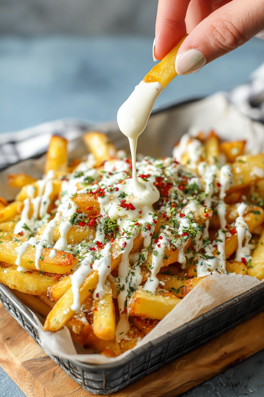 Voodoo Cheese Fries Recipe 8 A white paper-lined container holds a pile of golden-brown french fries, each fry crispy and evenly cooked. On top, there is a smooth layer of creamy, light yellow cheese sauce that drips slightly down the fries. Red paprika powder is sprinkled over the cheese, adding small bright red specks evenly across the dish. Small green parsley pieces are scattered over the fries and sauce, adding a fresh contrast. The container is placed on a white marbled surface, and a small white bowl with a light brown dipping sauce is visible in the background. photo taken with an iphone --ar 2:3 --v 7 - Voodoo Cheese Fries, cheesy loaded fries, spicy cheese fries, crispy cheese fries, game day snack