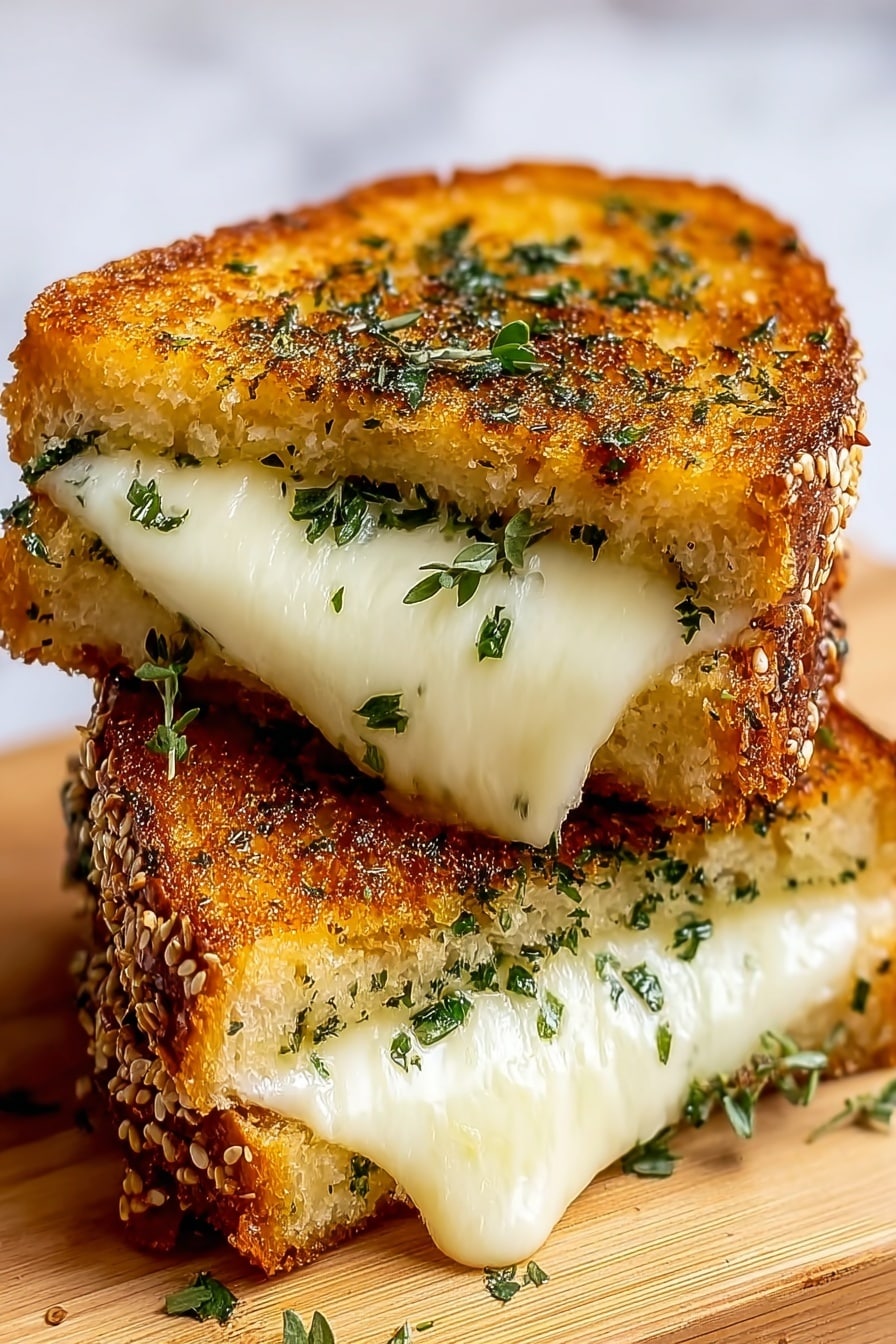 Garlic Bread Grilled Cheese Recipe 6 The image shows a grilled cheese sandwich cut in half and stacked. There are two main layers of toasted bread, each with a golden brown, crispy texture sprinkled with green herbs. Between the bread layers, thick, creamy white melted cheese stretches slightly out from the sandwich, showing softness and gooeyness. The sandwich edges reveal a textured crust with sesame seeds. The sandwich rests on a light wooden board with a simple presentation, on a white marbled surface. photo taken with an iphone --ar 2:3 --v 7 - Garlic Bread Grilled Cheese, garlic bread grilled cheese recipe, cheesy garlic grilled cheese, crispy garlic cheese sandwich, indulgent garlic bread sandwich