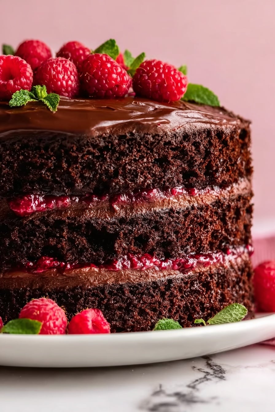 Chocolate Raspberry Cake with Ganache Recipe 6 A close-up of a rich chocolate cake with three dark brown layers, each separated by a bright red raspberry filling that looks slightly juicy. The top layer is covered with smooth, shiny chocolate frosting. Fresh red raspberries and small green mint leaves are placed on top of the cake. The cake sits on a white plate, and the background is a soft pink with a white marbled surface below. photo taken with an iphone --ar 2:3 --v 7 - Chocolate Raspberry Cake with Ganache, chocolate raspberry layer cake, raspberry filled chocolate cake, decadent chocolate cake with raspberry, homemade raspberry ganache cake