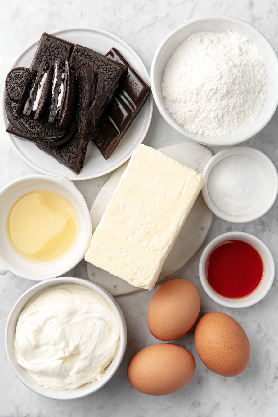 No-Bake Red Velvet Cheesecake Recipe 7 Flat lay of a neat pile of black and white Oreo cookies, a small puddle of melted golden butter on a white ceramic plate, a thick block of smooth cream cheese, a small white bowl filled with fine white icing sugar, a tiny white bowl holding bright red liquid food colouring, a small white bowl of thick white double cream, a bar of glossy dark chocolate, and three whole brown eggs arranged symmetrically, all placed on a clean white marble surface, soft natural light, photo taken with an iPhone, professional food photography style, fresh ingredients, white ceramic bowls, no bottles, no duplicates, no utensils, no packaging --ar 2:3 --v 7 --p m7354615311229779997 - No-Bake Red Velvet Cheesecake, red velvet cheesecake without baking, no bake cheesecake recipes, easy red velvet dessert, chilled cheesecake recipes