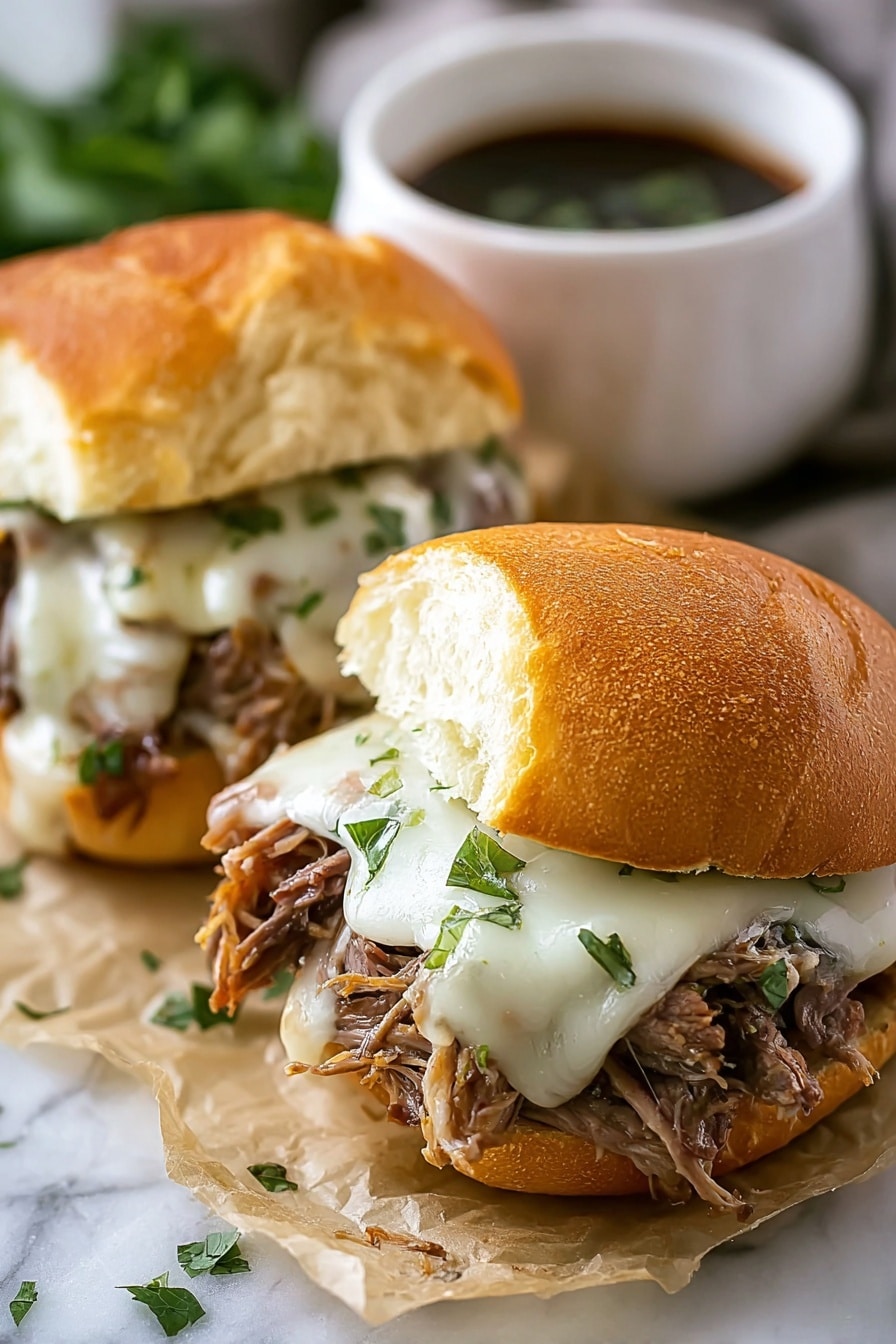Easy Crockpot French Dip Sandwiches Recipe 6 Two sandwiches sit on a piece of parchment paper atop a white marbled surface. Each sandwich has a soft, golden-brown bun that is slightly toasted on top. Inside, there is a juicy layer of shredded brown meat, topped with melted white cheese that looks smooth and creamy, with small green herb pieces sprinkled on top. The sandwiches are arranged close to each other, and in the background, there is a blurred white cup filled with a dark sauce, with some green herbs scattered on the surface around the parchment. photo taken with an iphone --ar 2:3 --v 7 - French Dip Sandwiches, Crockpot French Dip, Easy Crockpot Sandwiches, Slow Cooker Beef Sandwiches, Tender Beef Sandwich Recipe