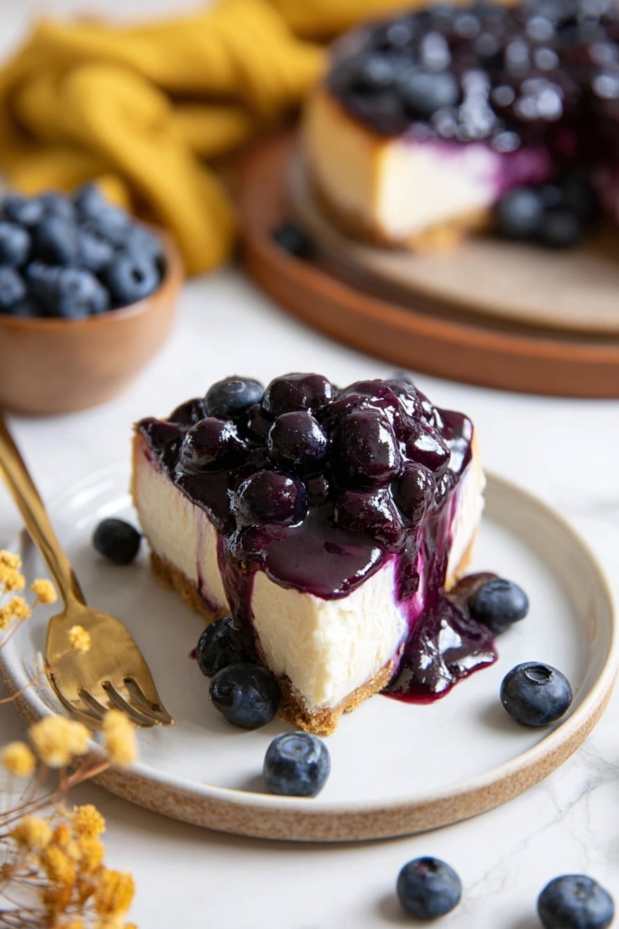 Blueberry Cottage Cheese Cheesecake Recipe 8 The image shows a slice of blueberry cheesecake on a white plate. The cheesecake has three layers: a light brown crumb crust at the bottom, a thick white creamy middle layer, and a glossy dark purple blueberry topping that spills slightly over the edges. Fresh whole blueberries are scattered on top of the shiny blueberry sauce and around the plate. A shiny gold fork rests next to the cheesecake slice on the plate. In the background, there is a larger cheesecake on a black dish, topped with the same dark purple blueberry layer and surrounded by more fresh blueberries. To the side, there is a small wooden bowl filled with blueberries and a mustard yellow cloth on the white marbled surface. photo taken with an iphone --ar 2:3 --v 7 - Blueberry Cottage Cheese Cheesecake, healthy blueberry cheesecake, light berry dessert, no-bake cheesecake with cottage cheese, blueberry cheesecake ideas