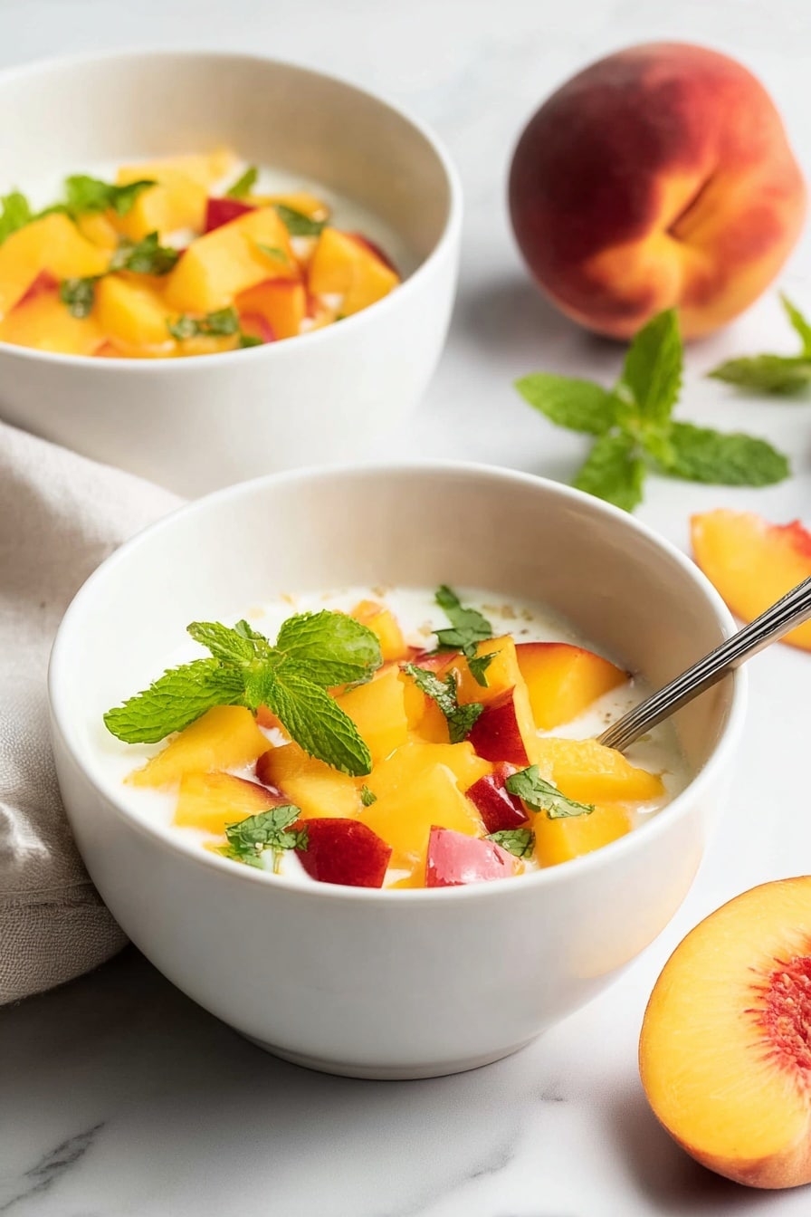 Cottage Cheese and Peach Parfait Recipe 6 The image shows two white bowls filled with a creamy white base layer, topped with bright yellow and red peach chunks scattered evenly. Fresh green mint leaves are sprinkled over the peaches, adding a fresh contrast. A silver spoon rests inside the bowl in the front, which is placed on a white marbled surface. In the background, there is a whole peach and a sliced peach piece on a light cloth, giving a soft and fresh look. The lighting is bright and natural, emphasizing the colors and textures of the peaches and mint. Photo taken with an iphone --ar 2:3 --v 7 - Cottage Cheese and Peach Parfait, healthy fruit parfait, quick summer snack, nutritious breakfast ideas, easy fruit dessert